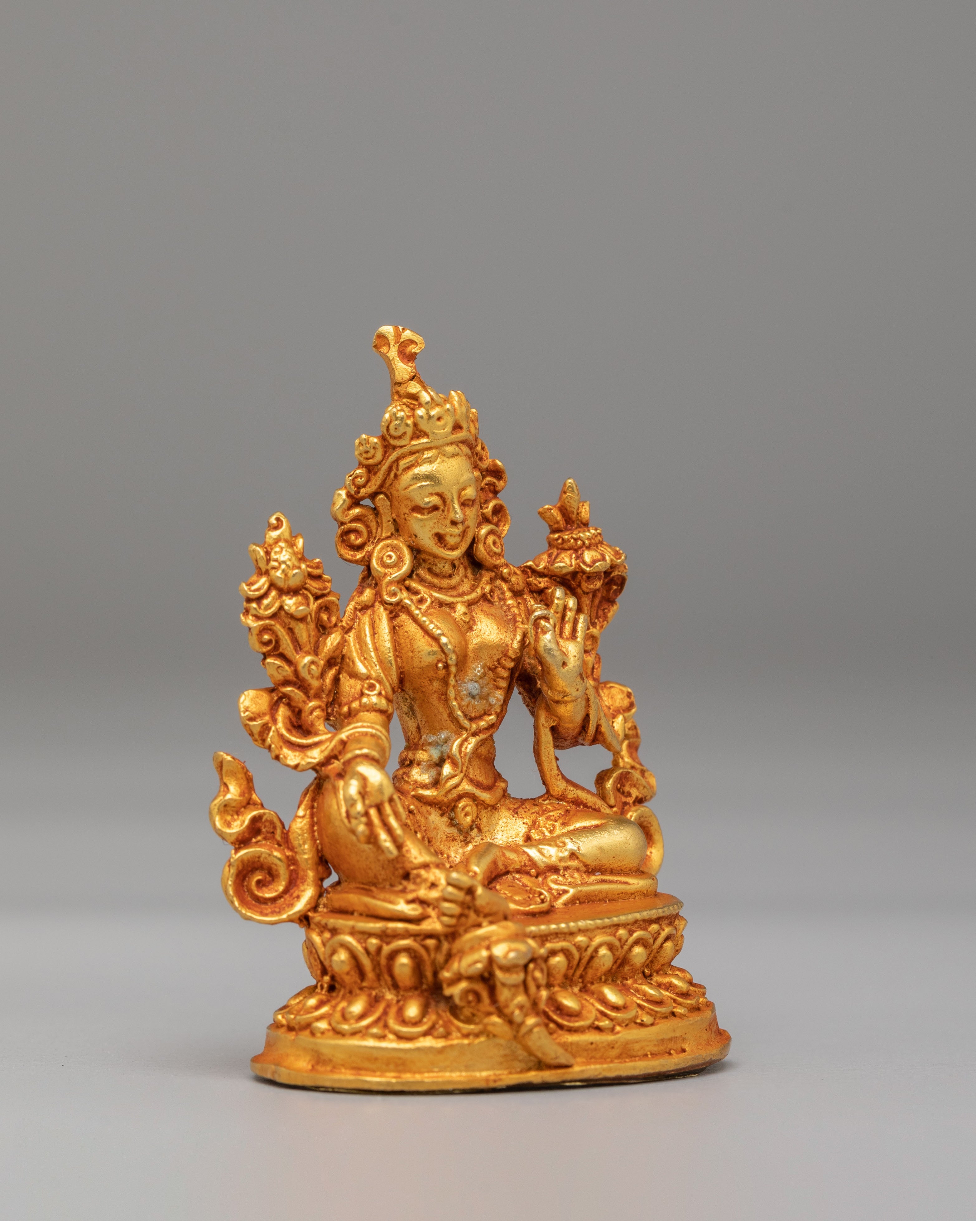 Sacred Green Tara Shrine Statue | Gold Plated Copper Buddhist Goddess