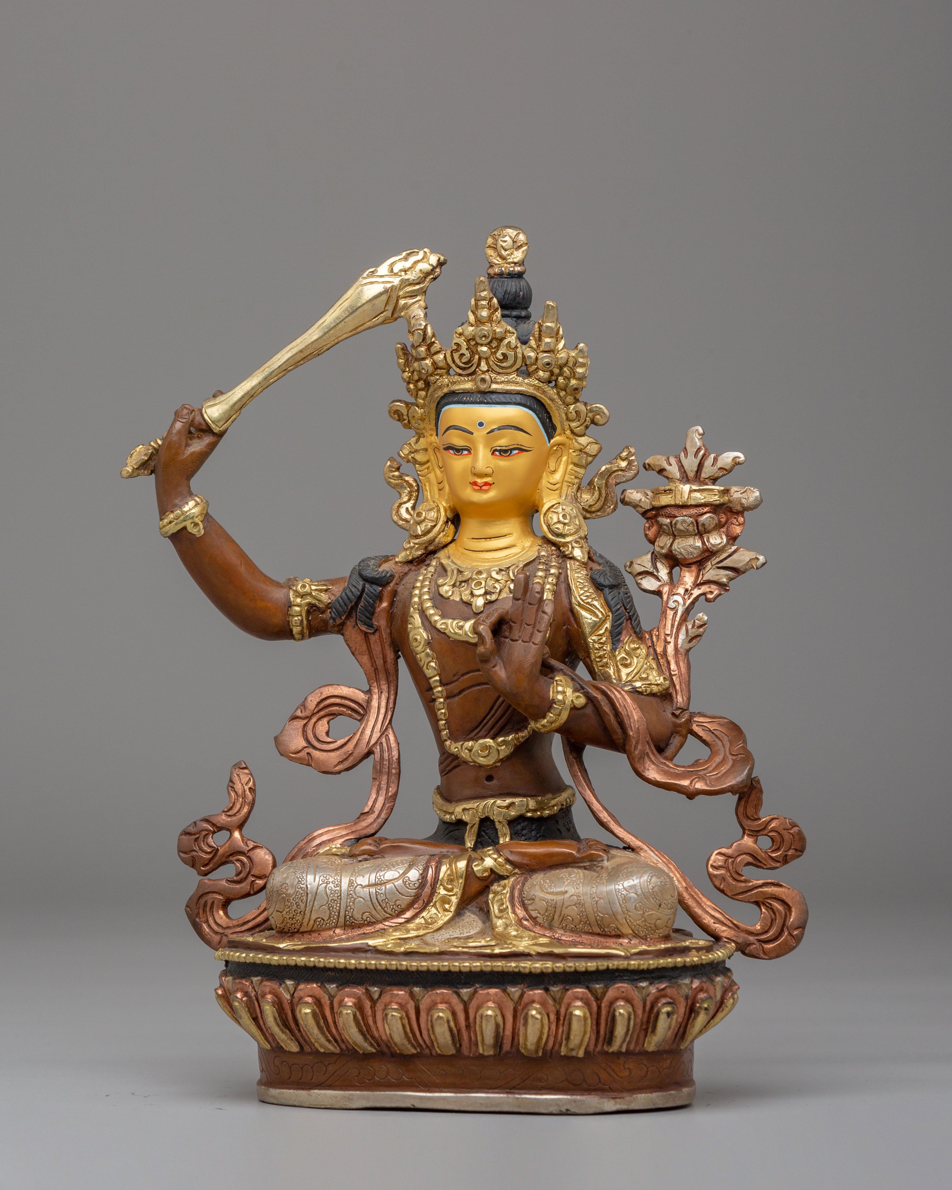 Handcrafted Tibetan Manjushri Copper Statue | Wisdom Deity Statue