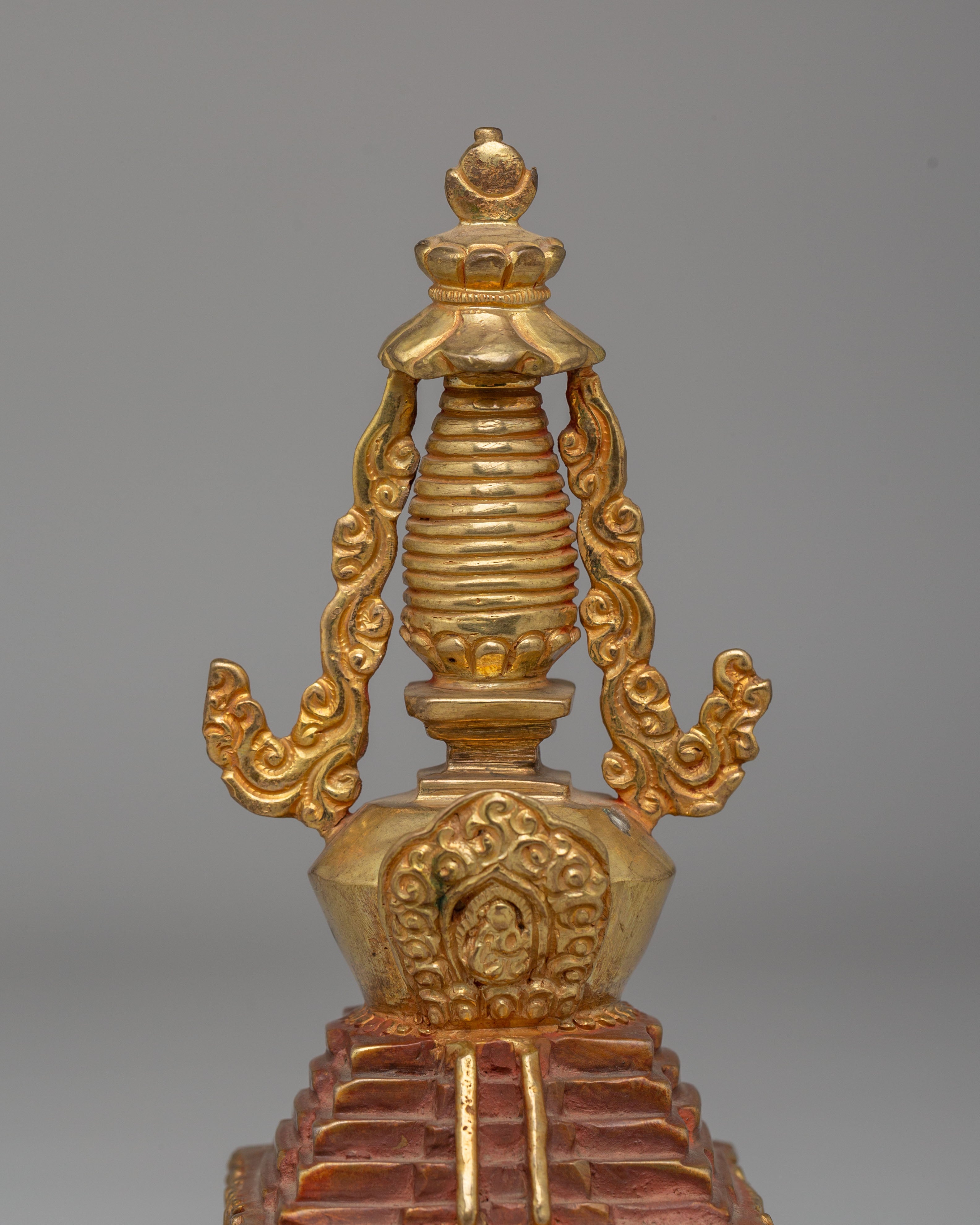 Handmade Descent from Heaven Stupa | Gold Plated Tibetan Stupa for Meditation