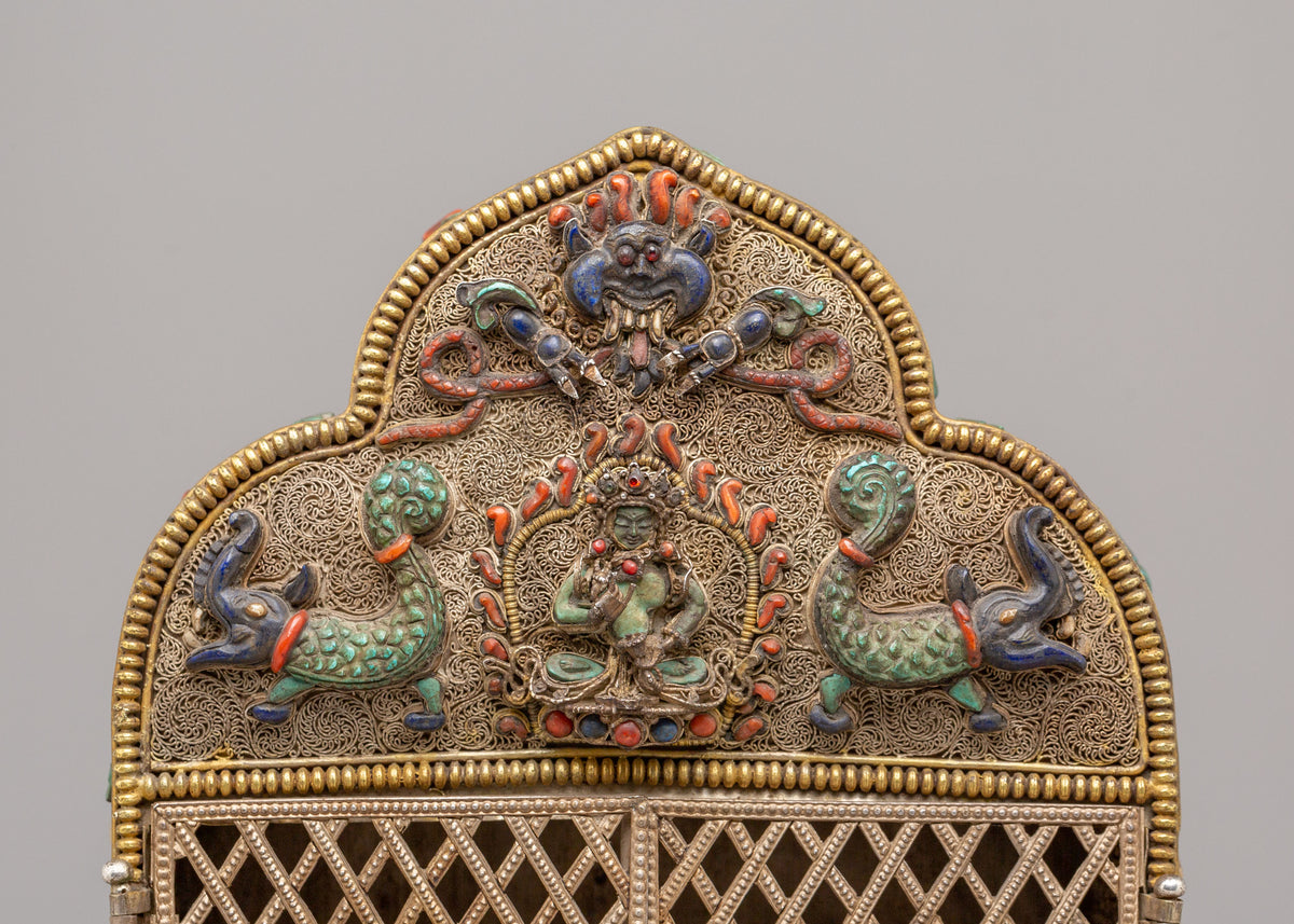 Buddhist Ghau Box with Deity Carvings | Silver Sacred Shrine