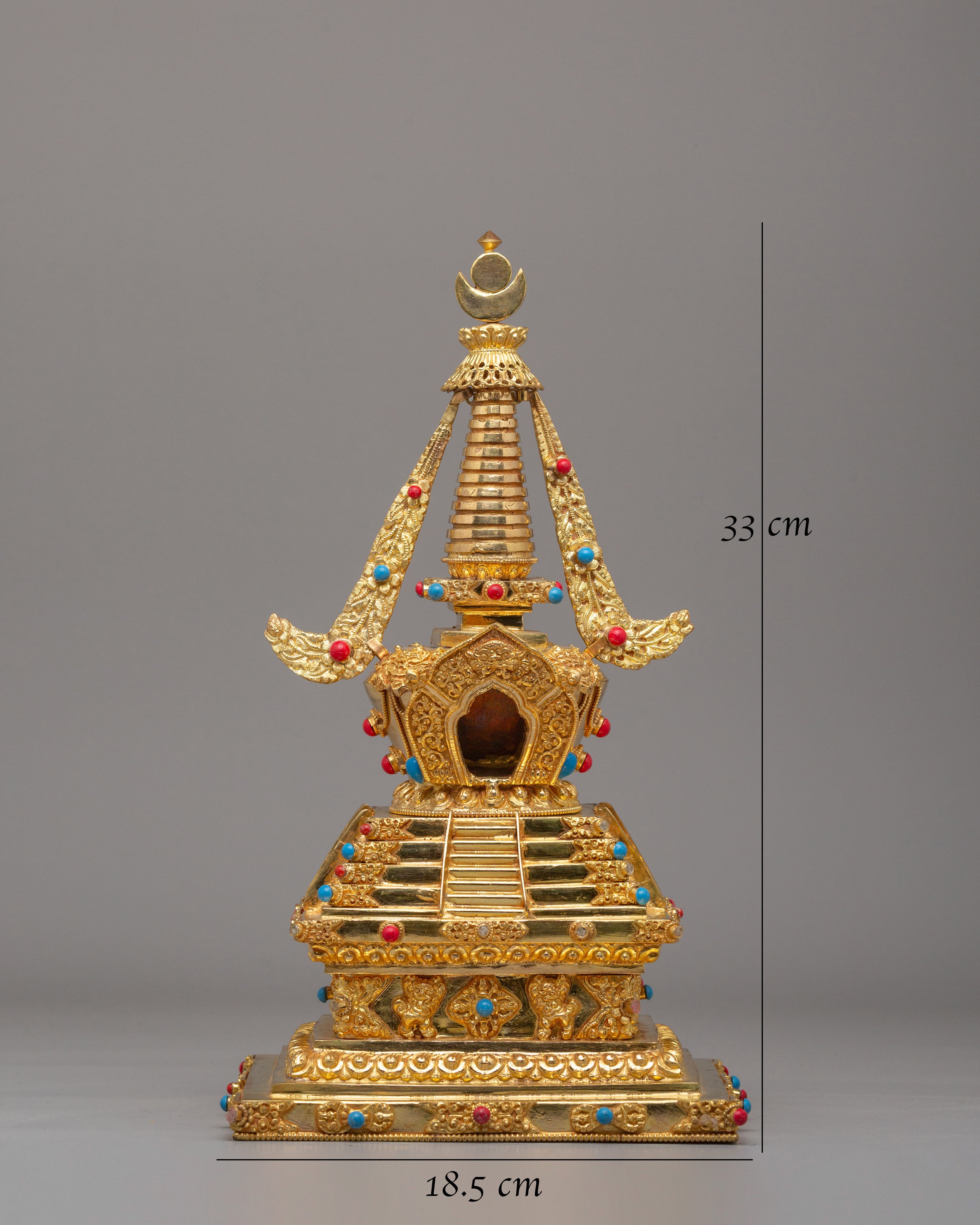 Traditional Descent From Heaven Stupa | 22K Gold Copper Tibetan Stupa