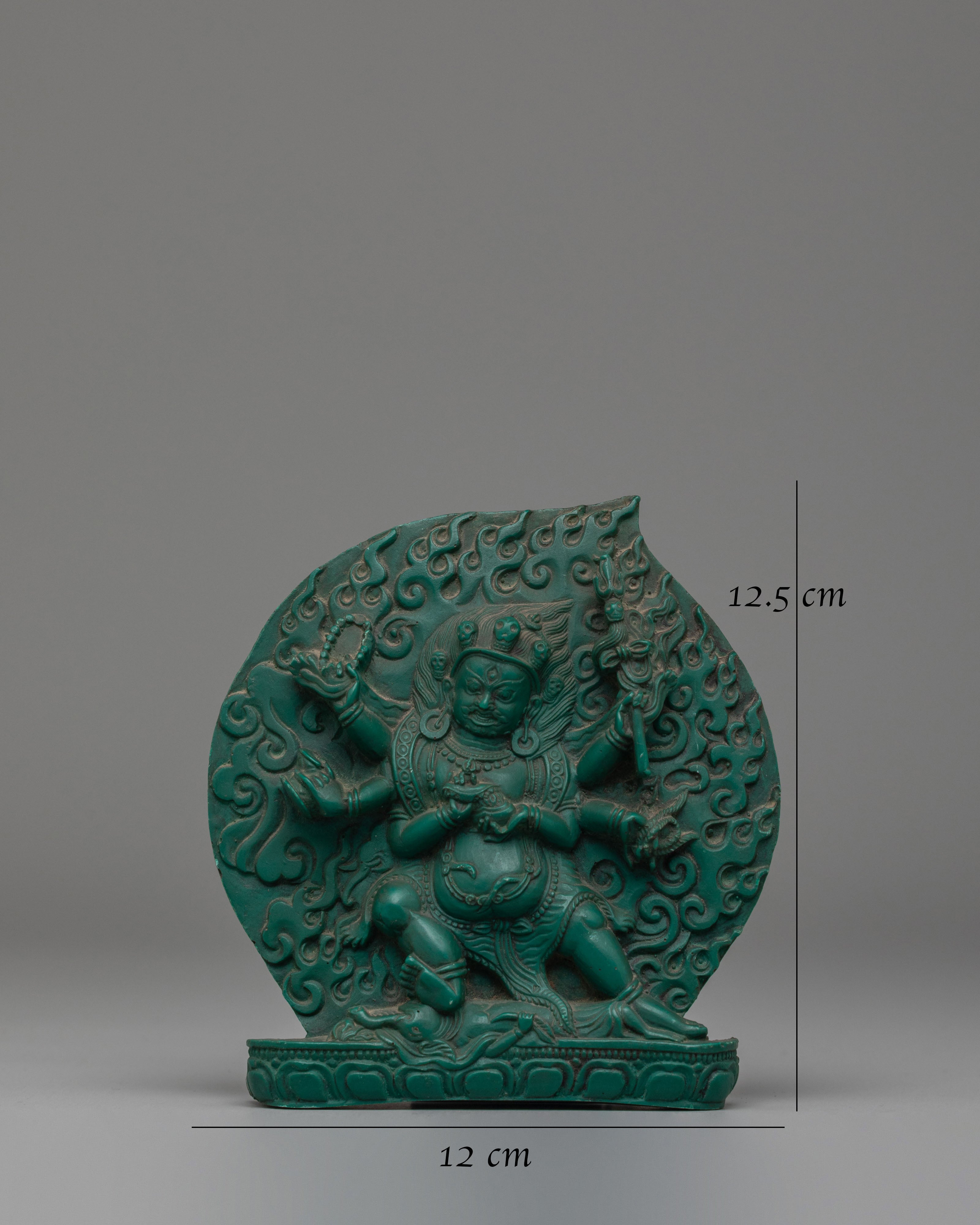 Sacred Six-Armed Mahakala Sculpture | Compressed Turquoise Buddhist Protector Statue