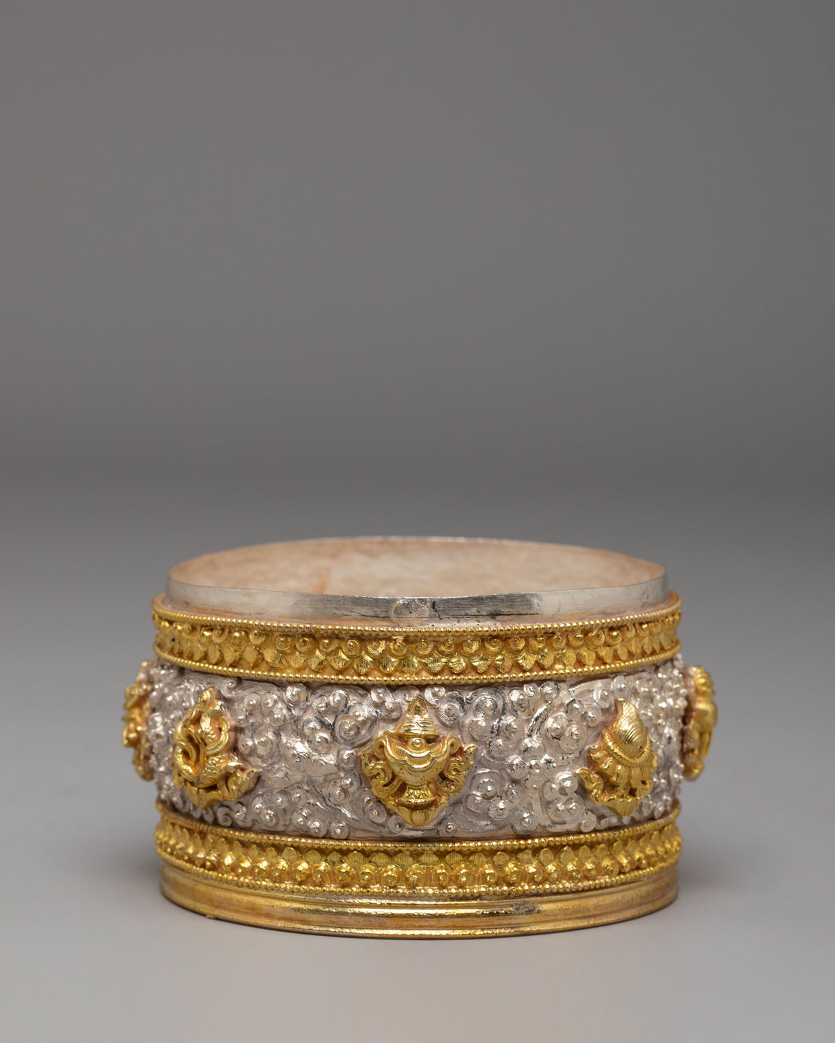 Sacred Buddhist Rice Pot | Gold & Silver Plated Copper Ritual Offering Vessel
