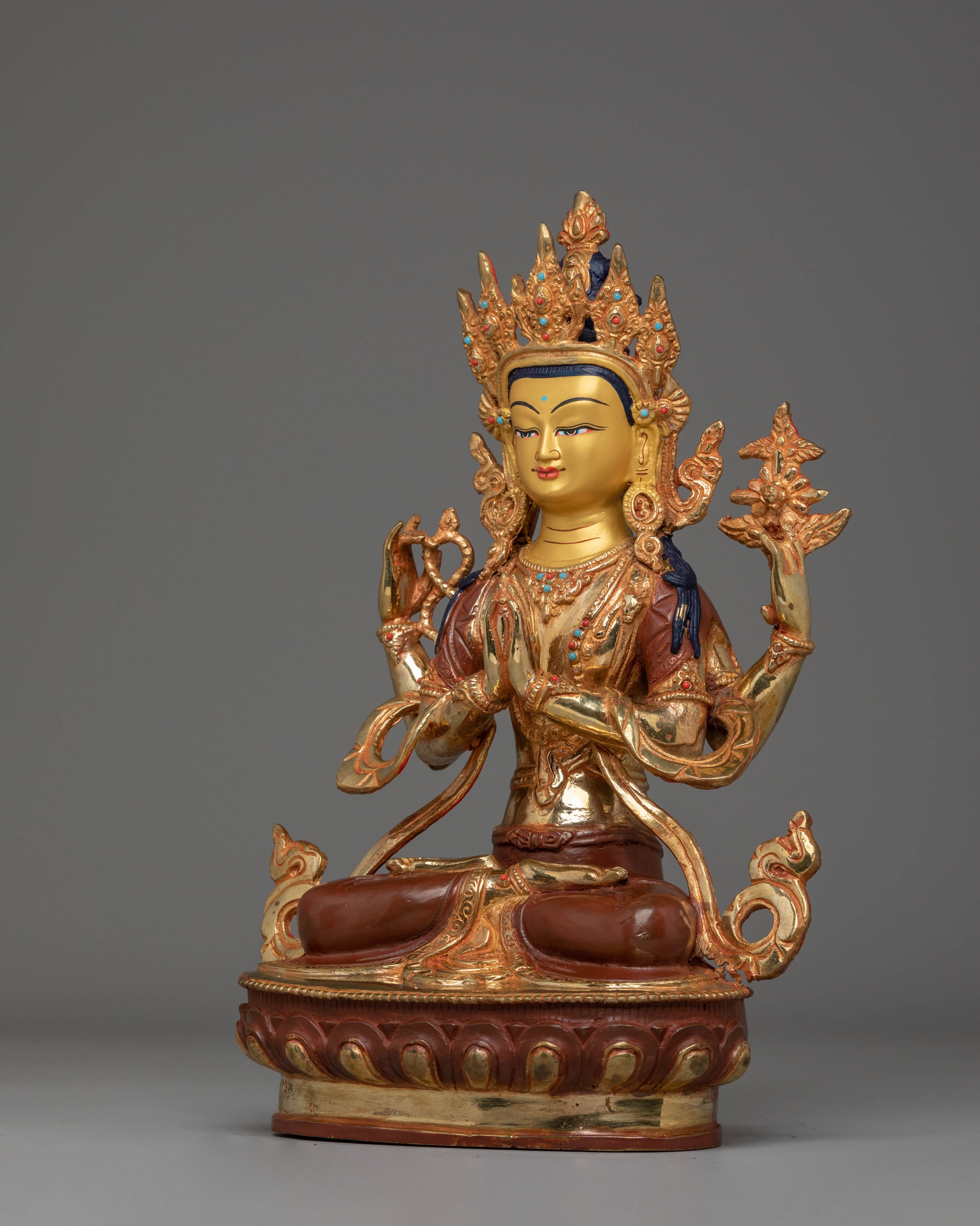 Handcrafted Tibetan Chenrezig Sculpture | Gold-Plated with Coral & Turquoise