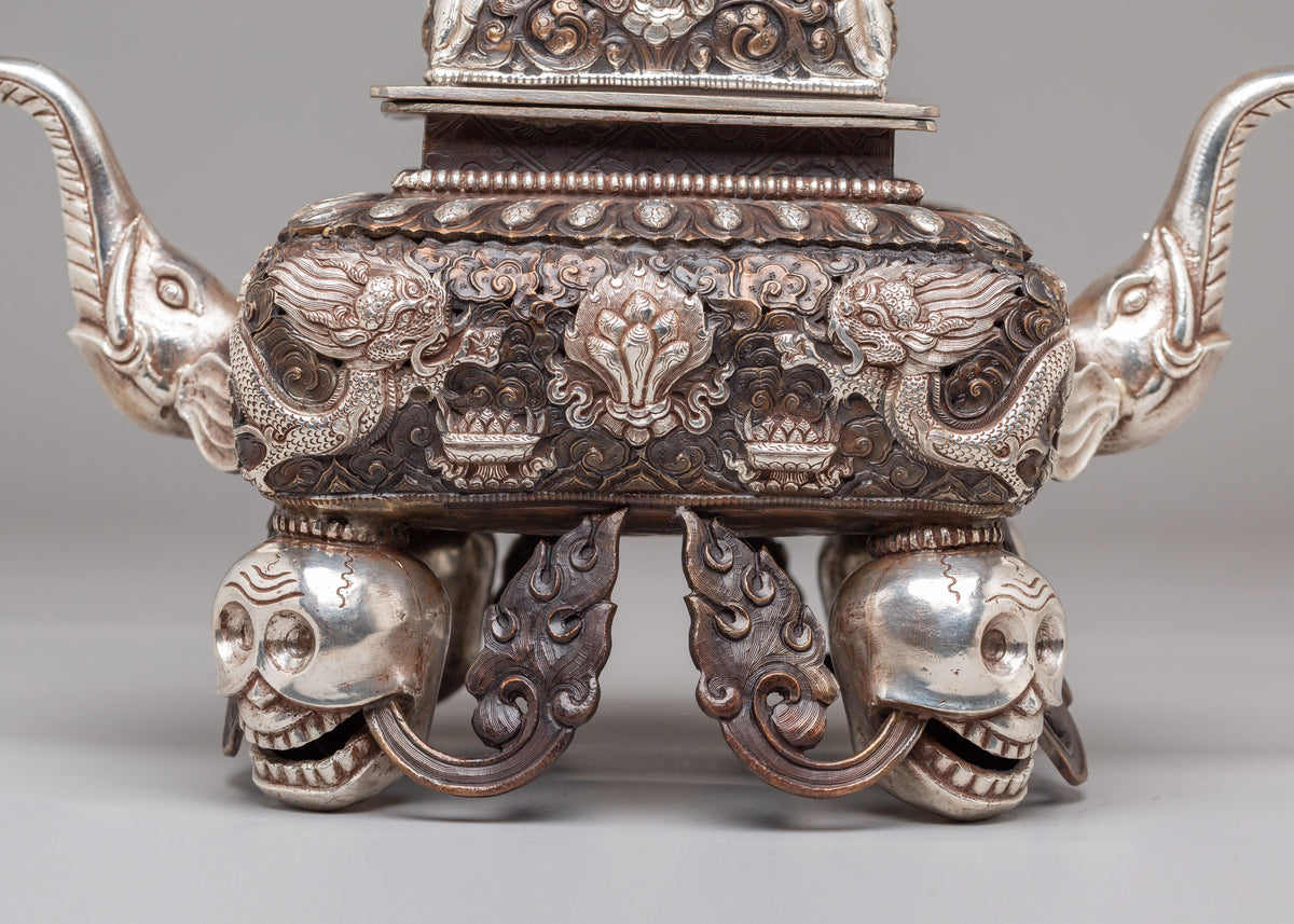 Decorative Buddhist Incense Burner | Silver Plated Copper Artwork
