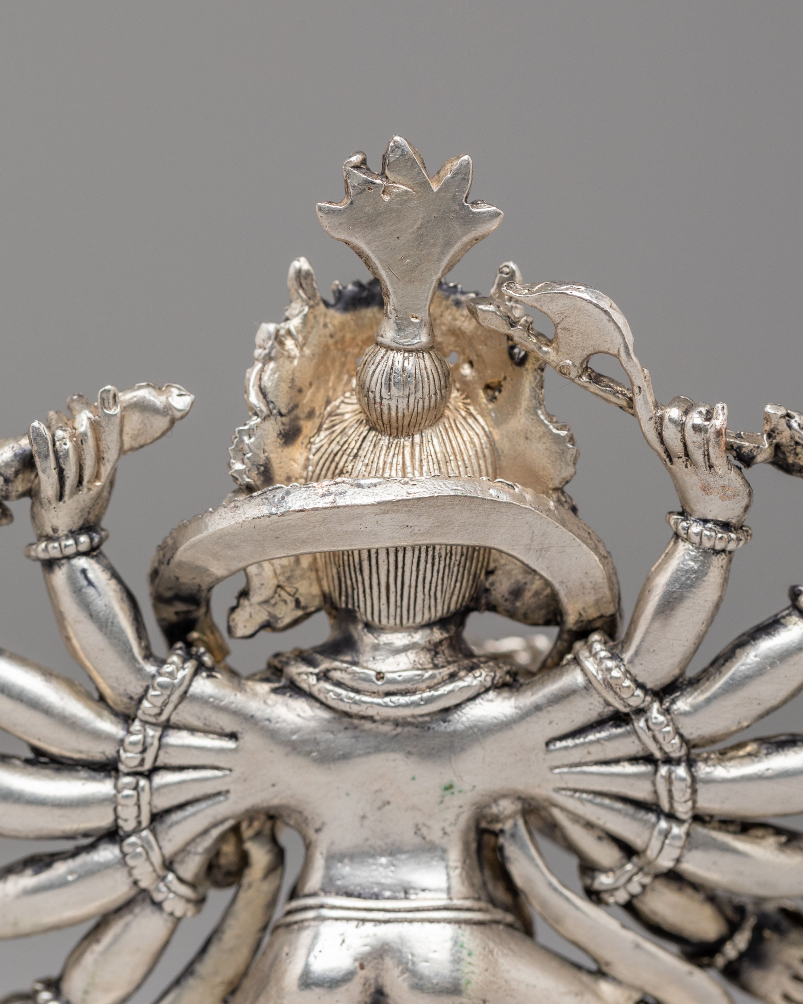 12-Armed Maha Rakta Ganesh Statue | Machine Made Silver Plated Hindu Deity