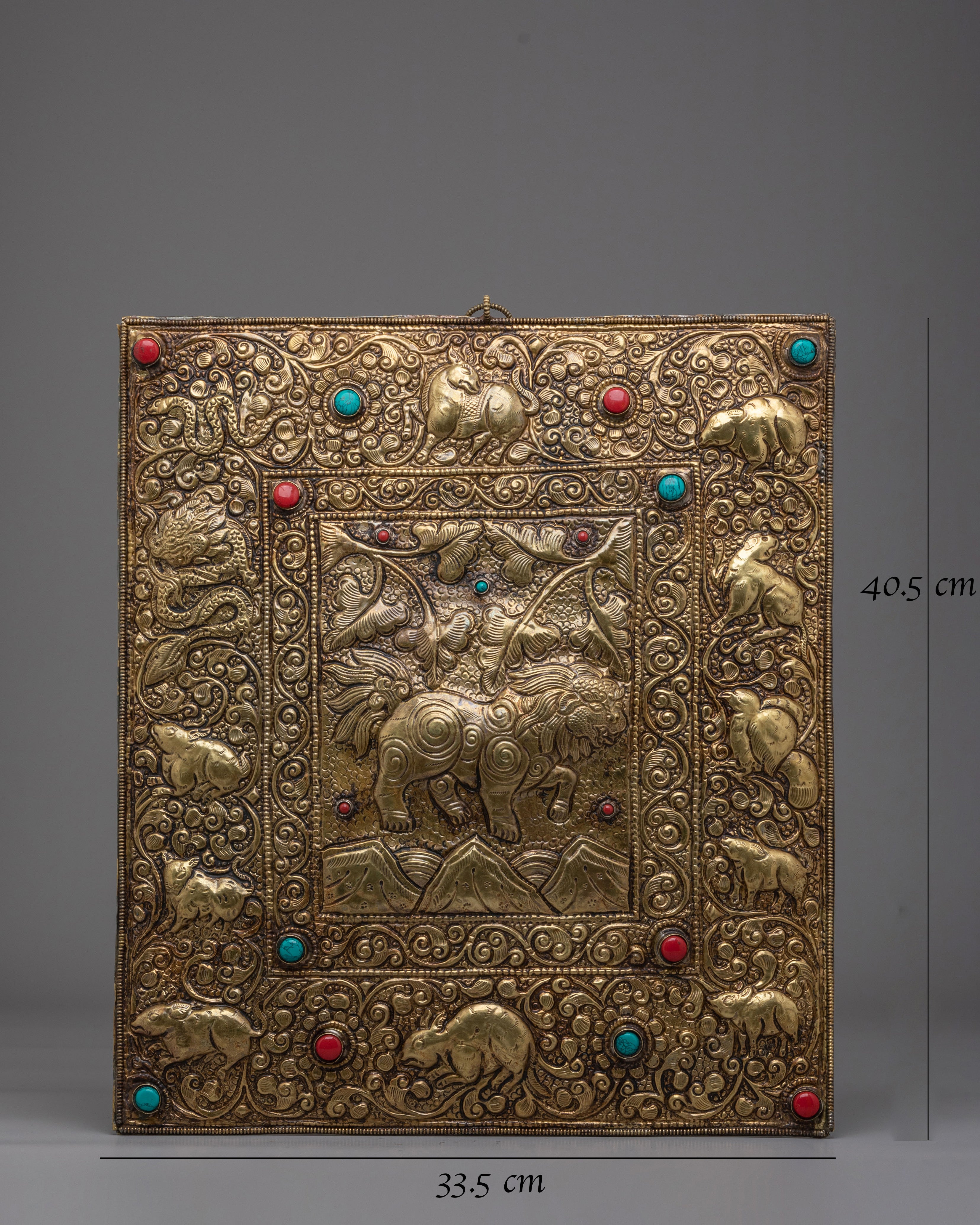 Decorative Tibetan Wall Hanging | Gemstone Inlaid Copper Art