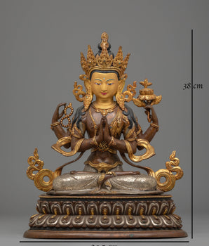 Handcrafted Copper Sculpture of Chenrezig with 24K Gold Gilding and Silver Plating