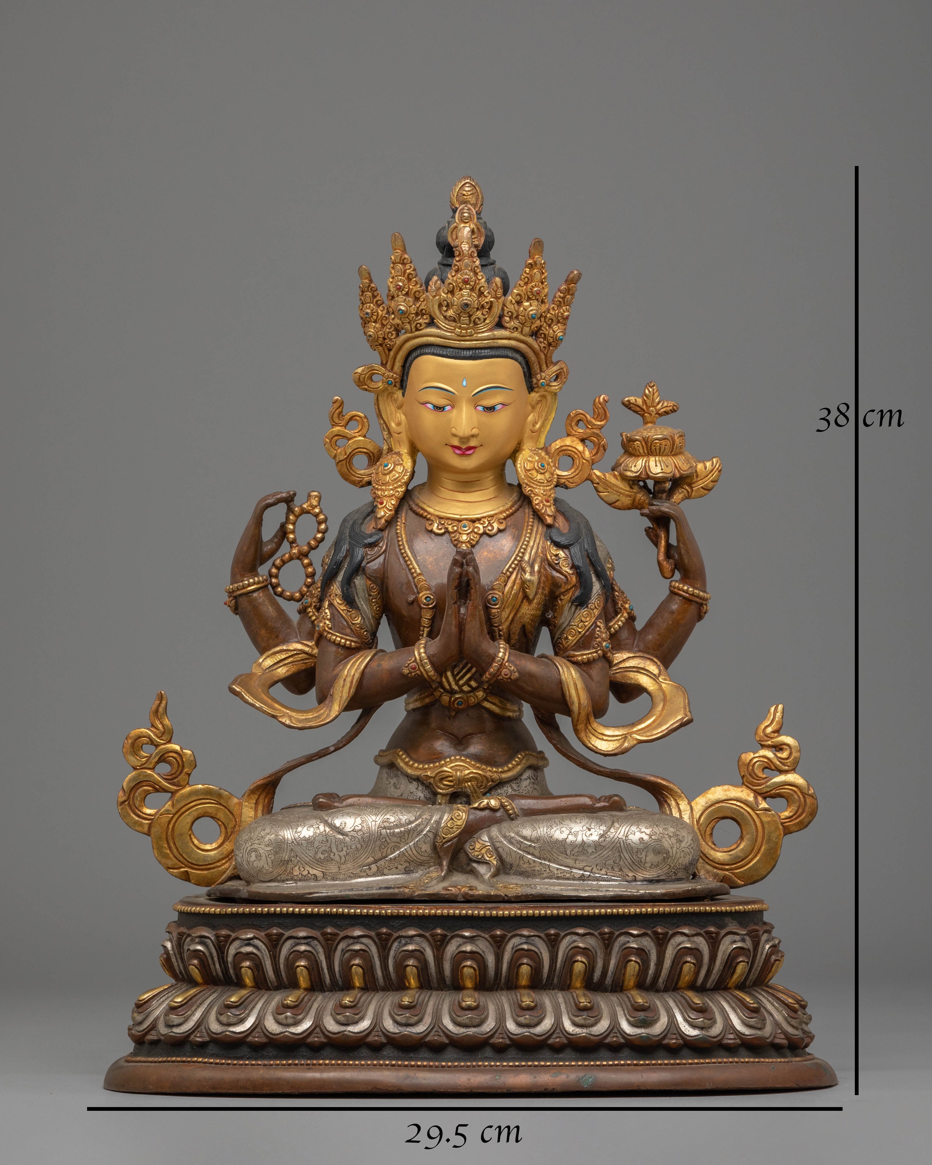Handcrafted Copper Sculpture of Chenrezig with 24K Gold Gilding and Silver Plating