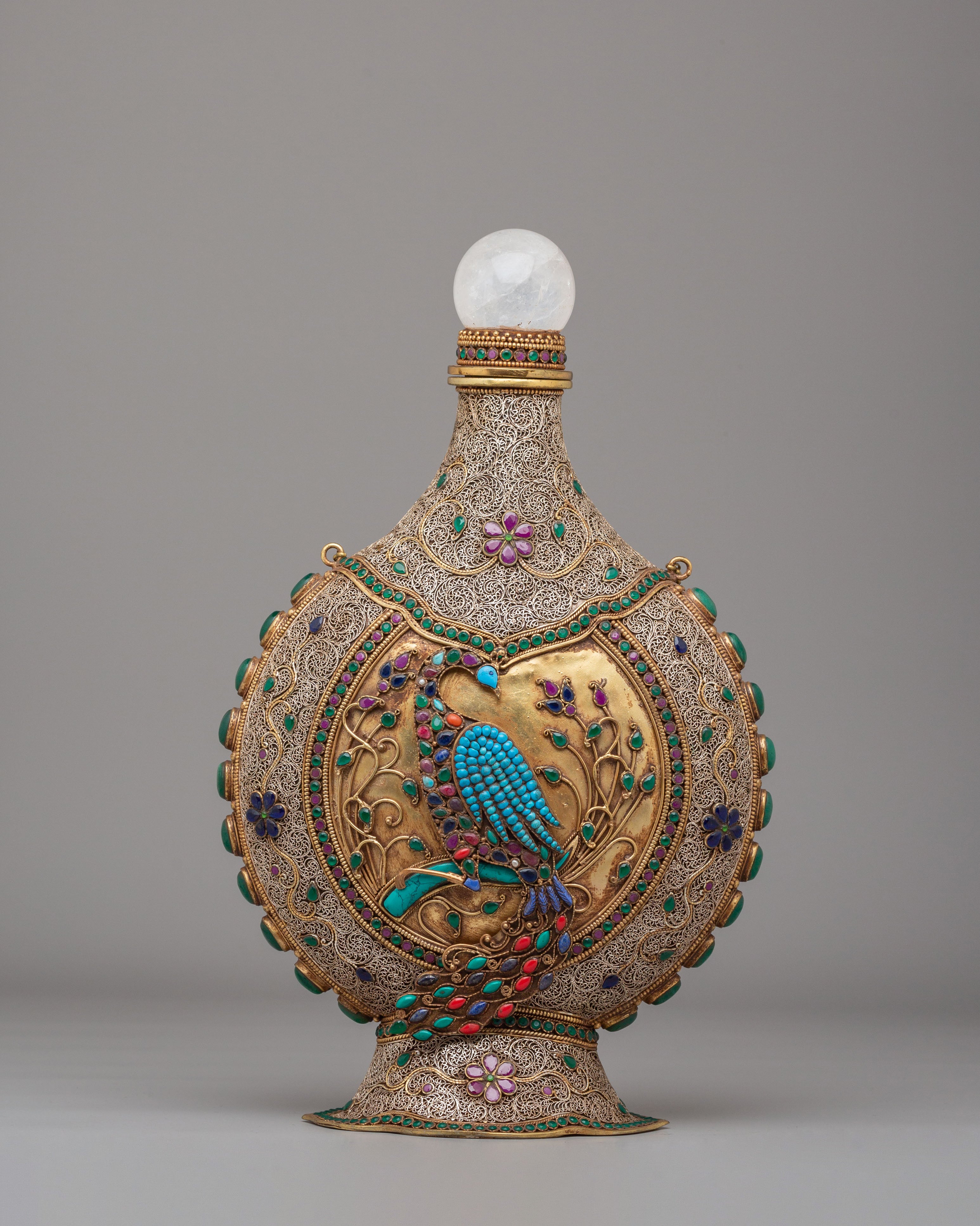 Handcrafted Snuffpot With Peacock Design | Copper Silver Artwork