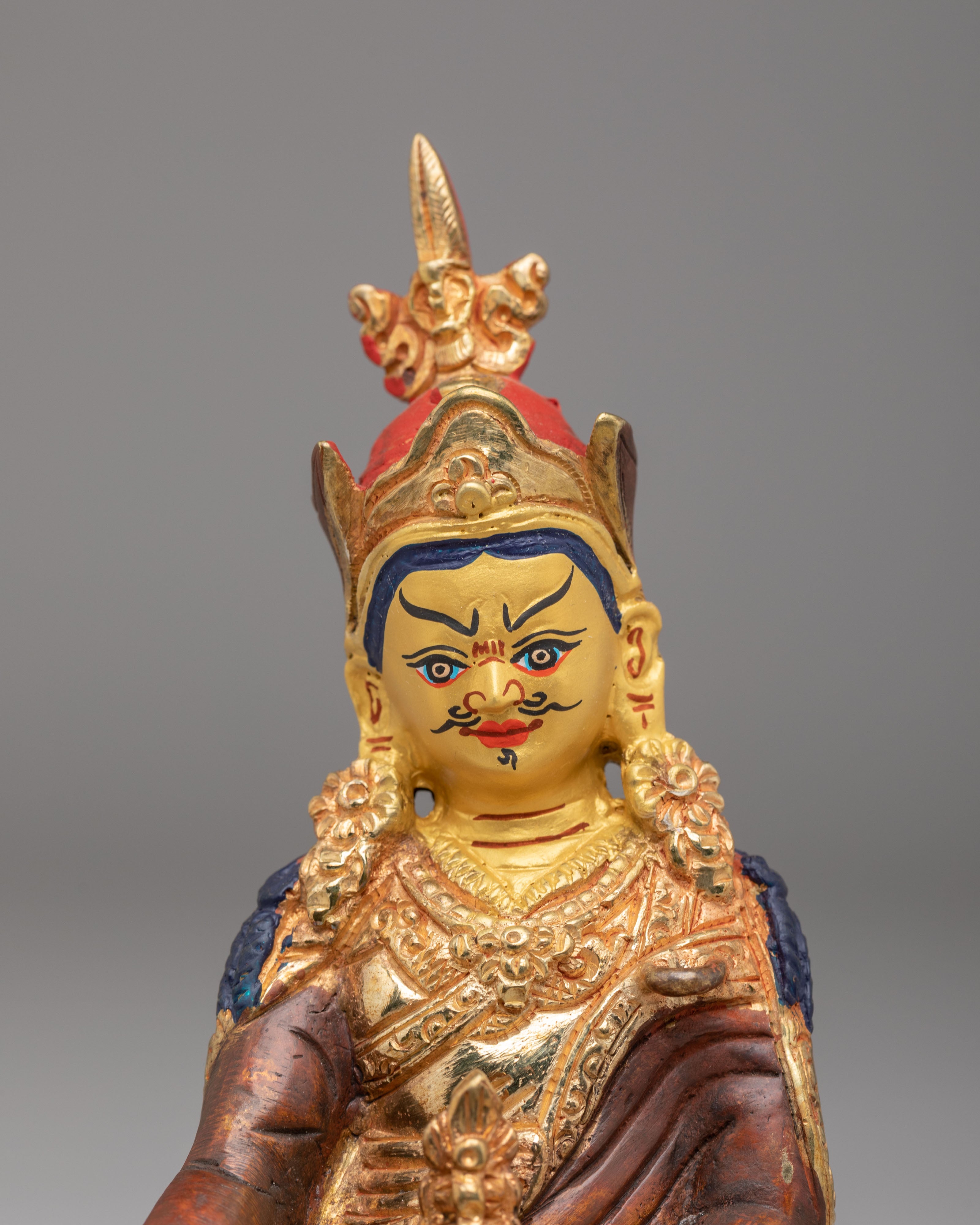 Sacred Padmasambhava Spiritual Statue | 24K Gold Plated Copper Tibetan Deity