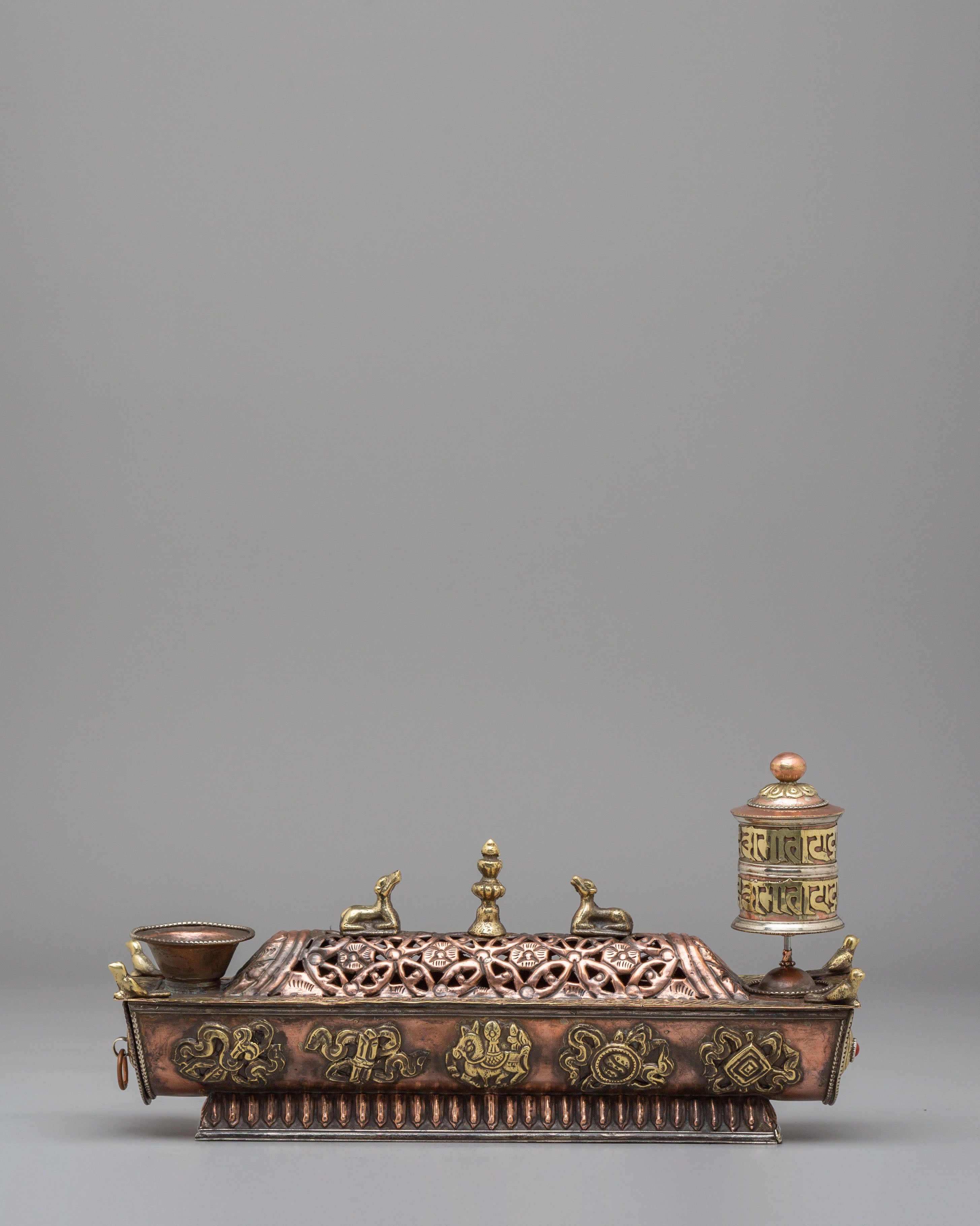 Ritual Incense Burner | Handcrafted Brass Tibetan Incense Box with Dharma Wheel