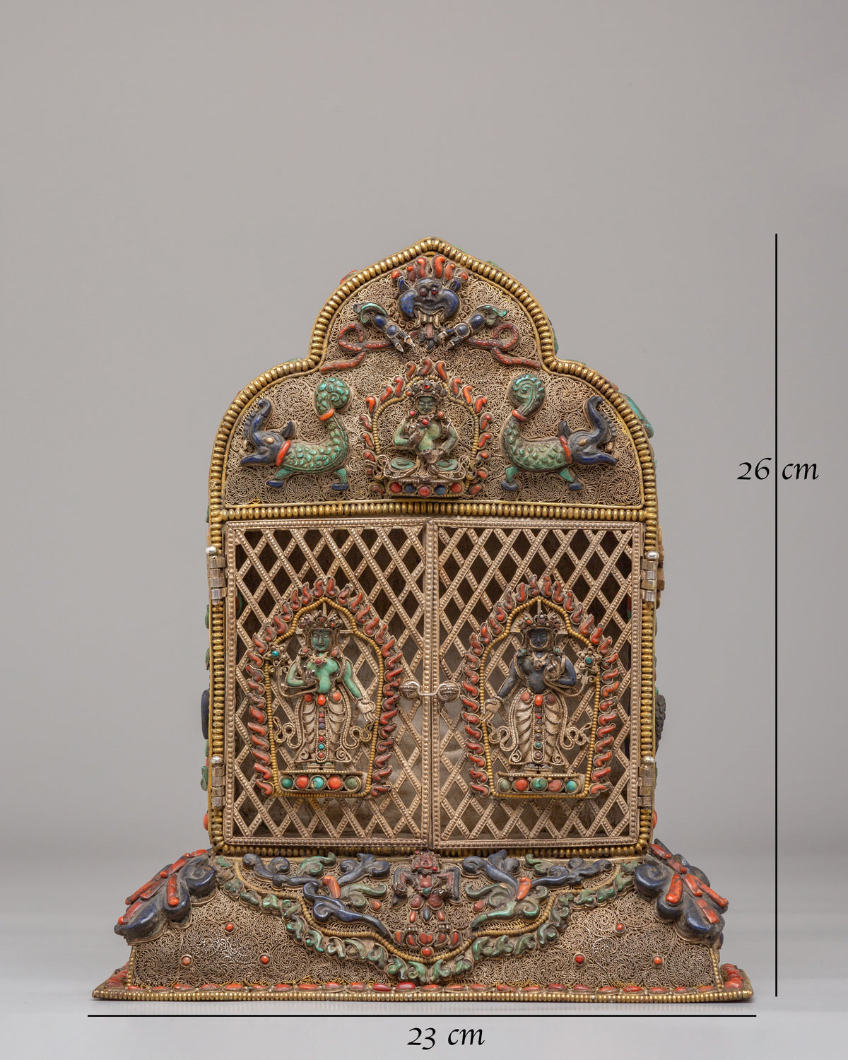 Buddhist Ghau Box with Deity Carvings | Silver Sacred Shrine
