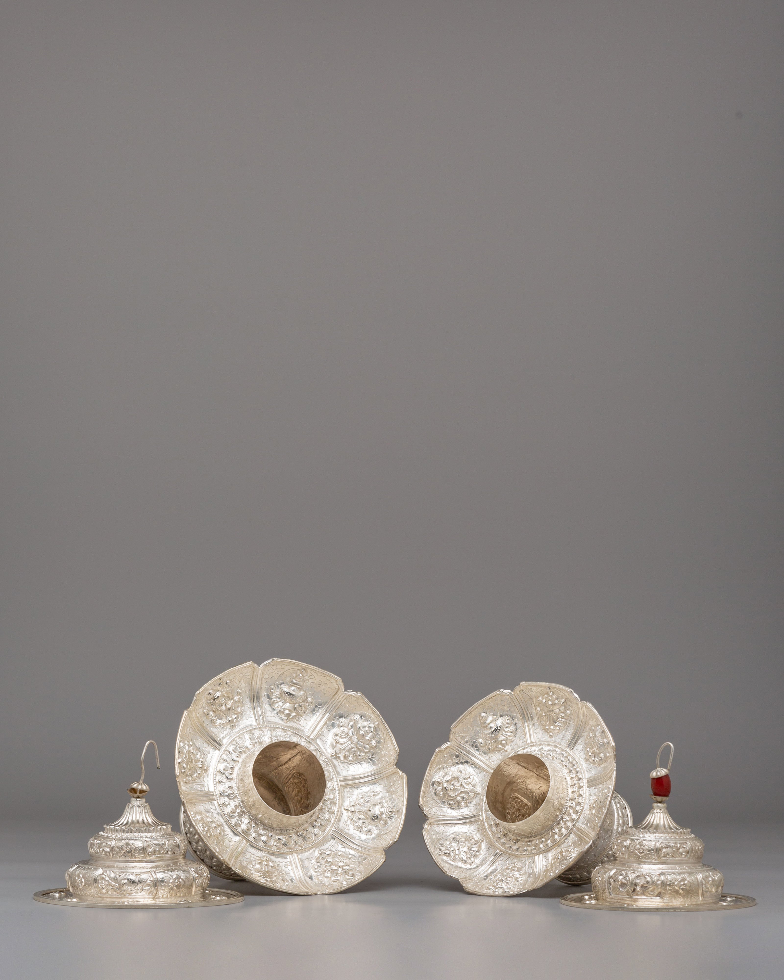 Traditional Tea Cup Cover Set | White Metal Tibetan Ritual Decor