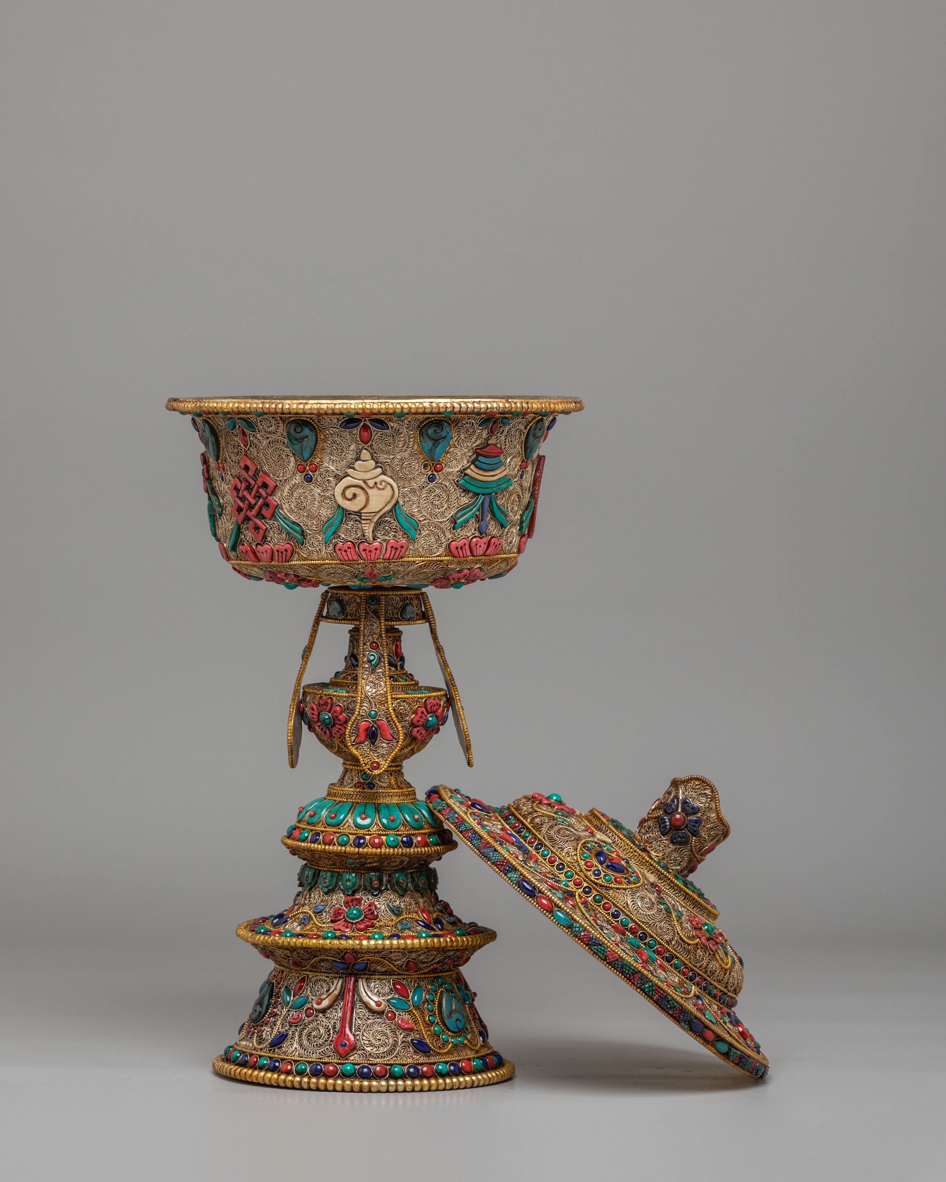 Buddhist Altar Butter Lamp Set | Gemstone Inlaid Copper Offering Lamps