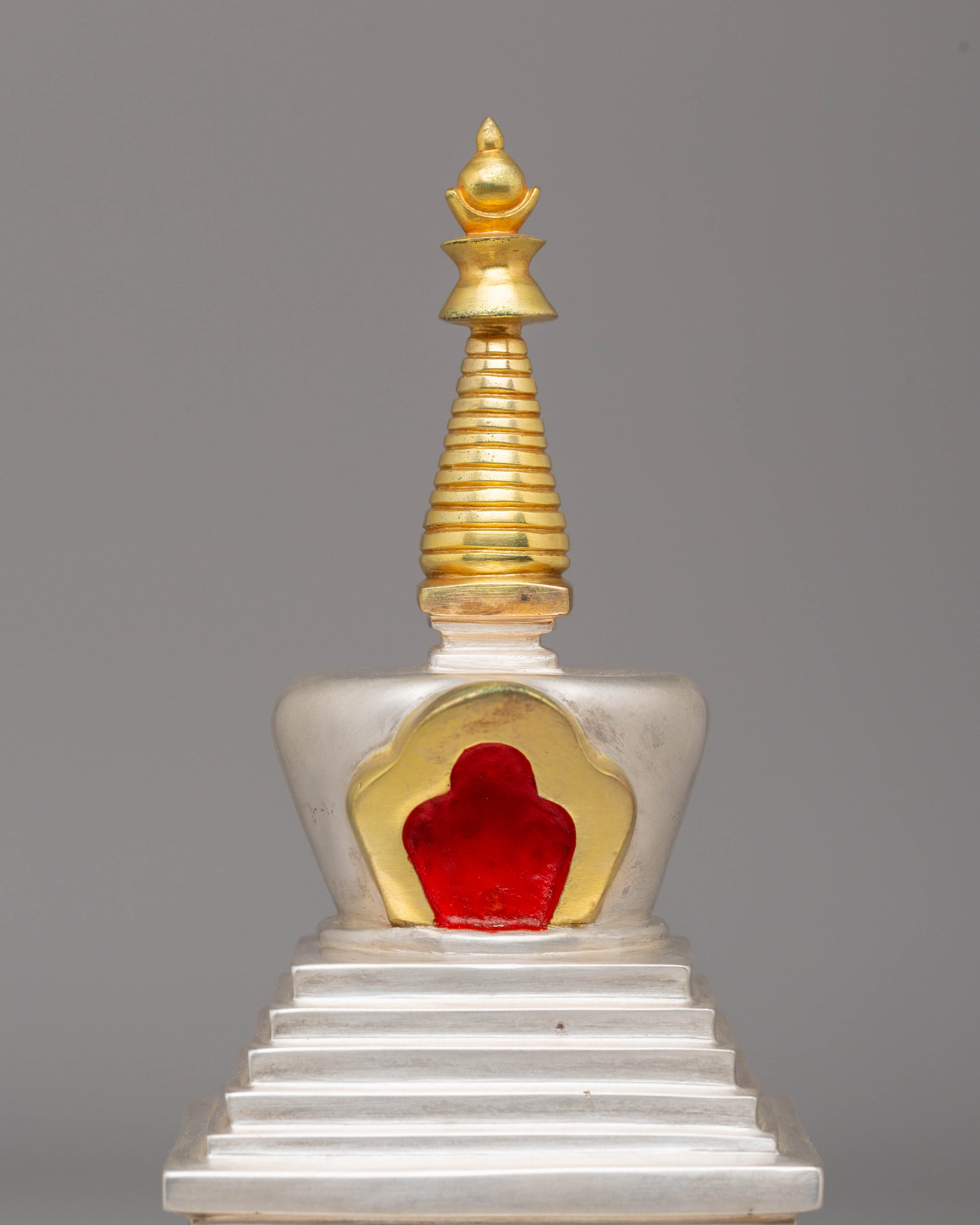 Handcrafted Spiritual Tibetan Stupa | Silver Plated Buddhist Sculpture