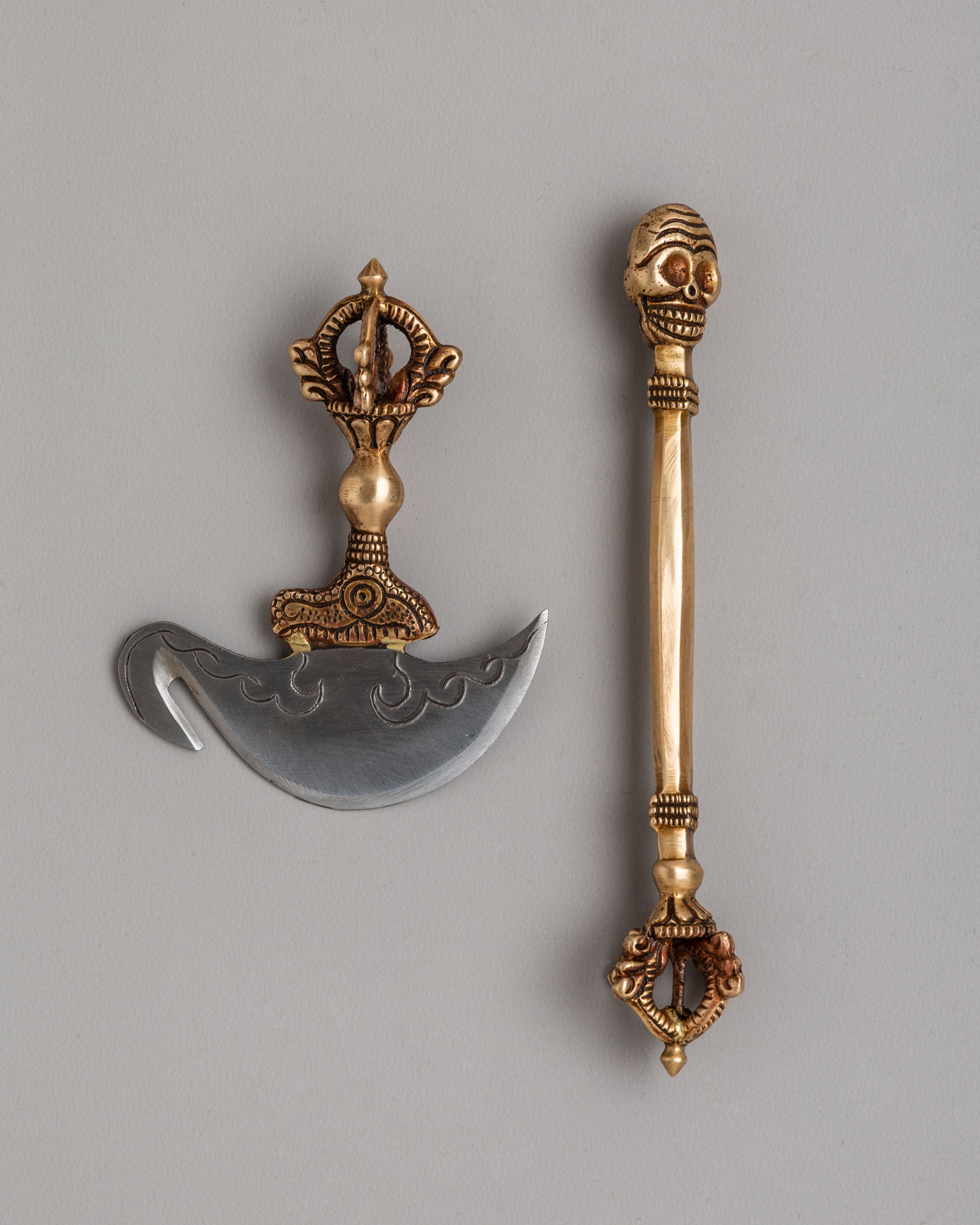 Traditional Tibetan Ritual Item Set | Silver Polished Copper & Oxidized Copper Ritual Items