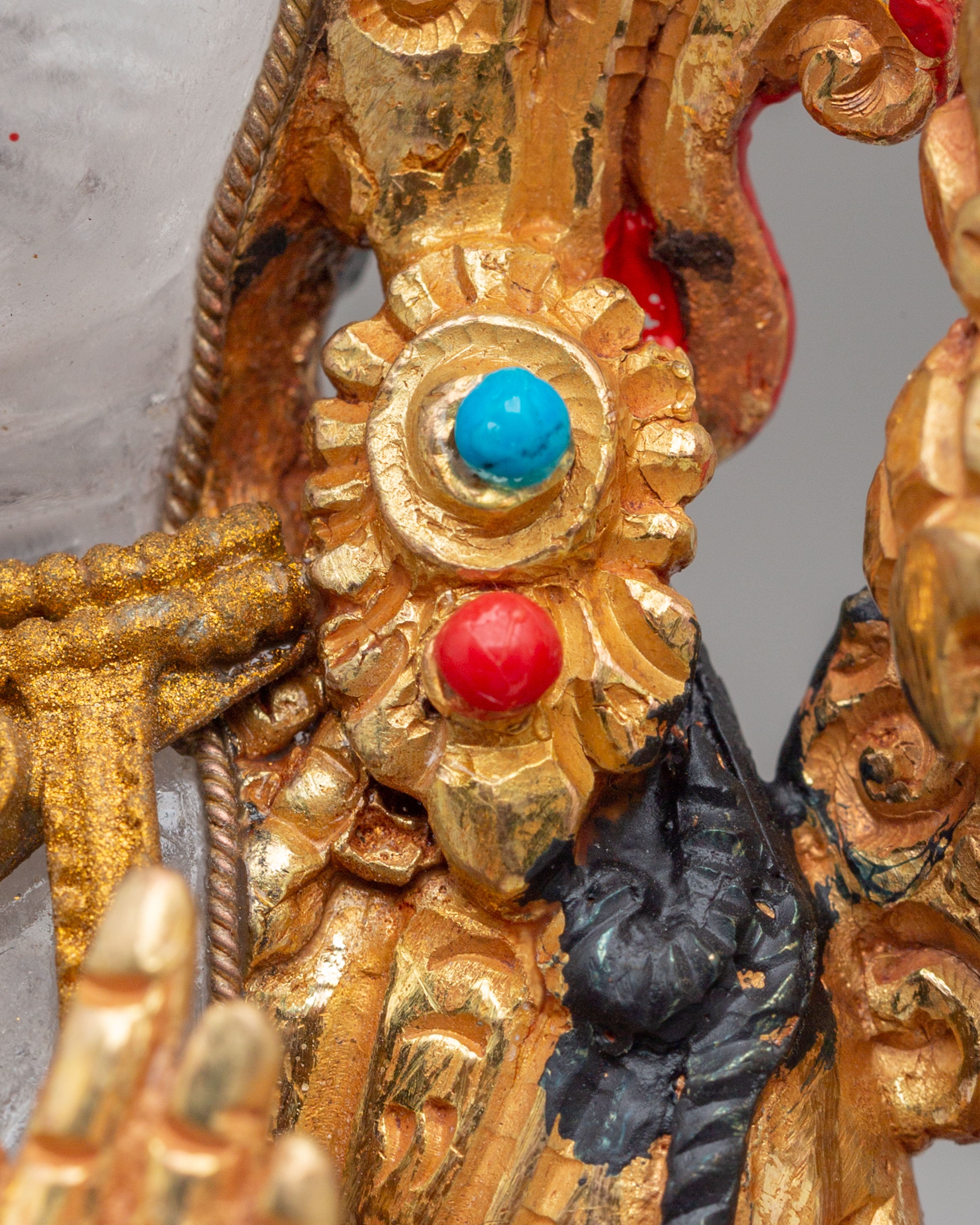 White Tara Spiritual Sculpture | Copper Buddhist Statue with Gemstone Details