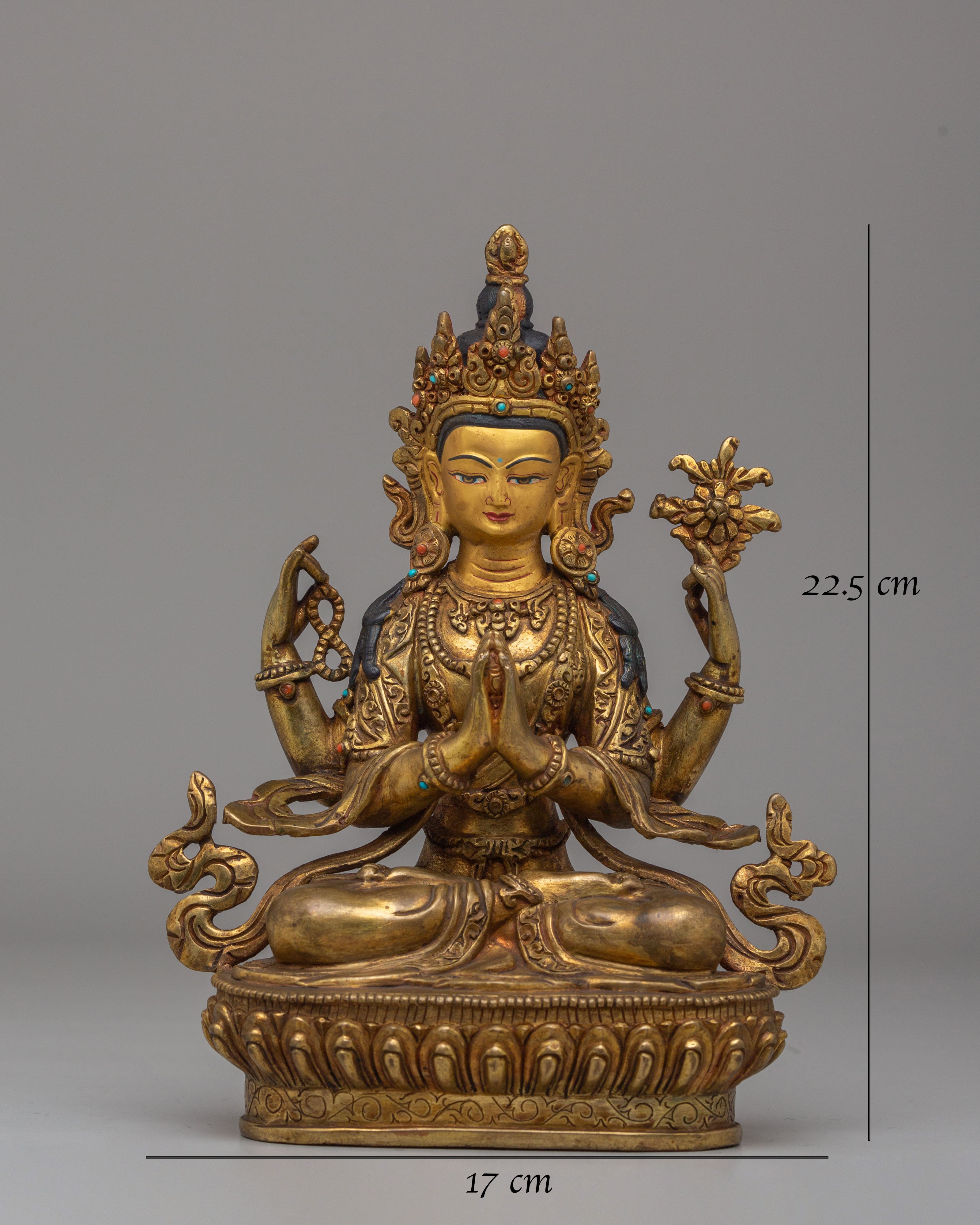 Bodhisattva Chenrezig Deity Statue | 24K Gold Plated Buddhist Sculpture