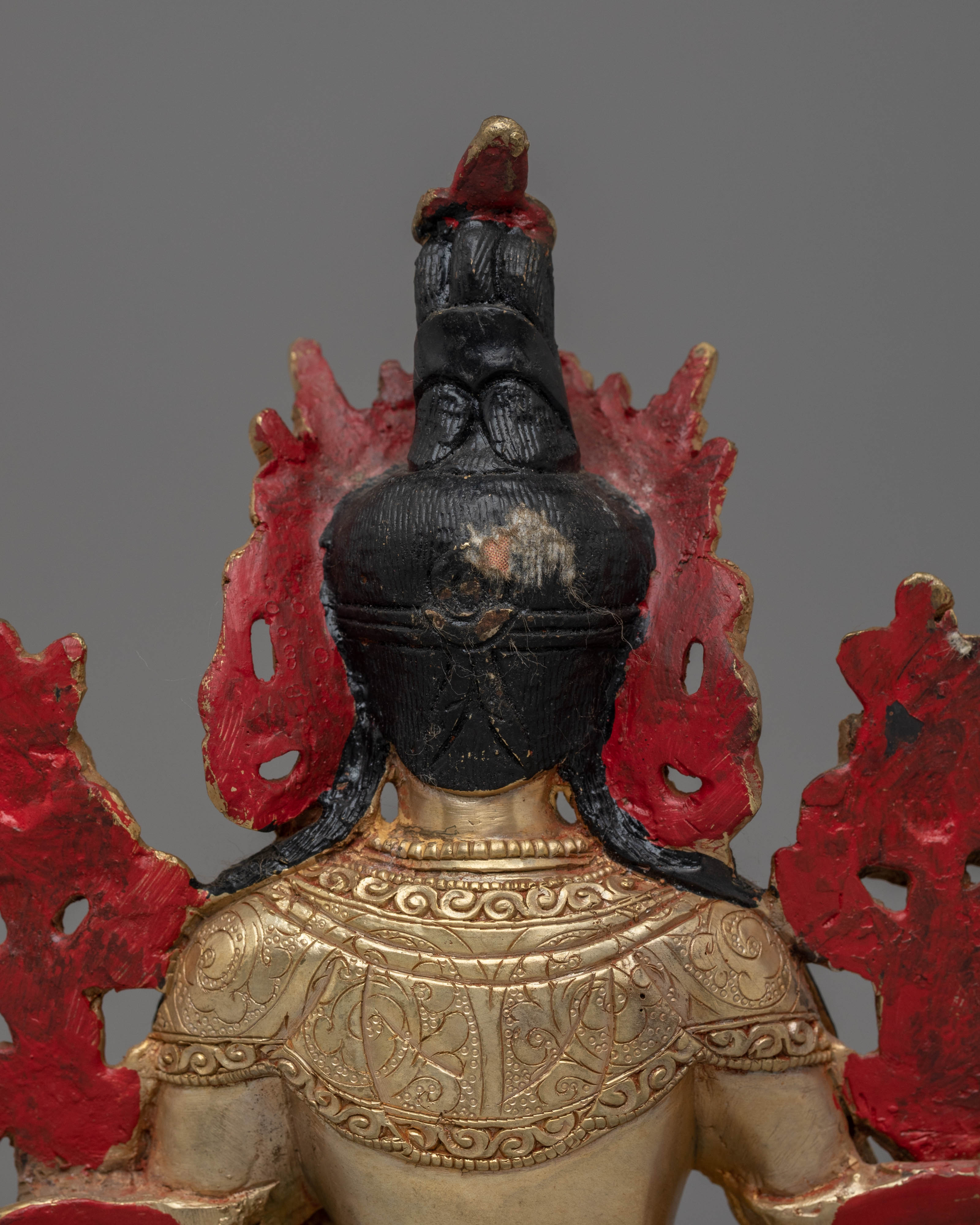 Handcrafted Green Tara Copper Statue with Spiritual Motifs