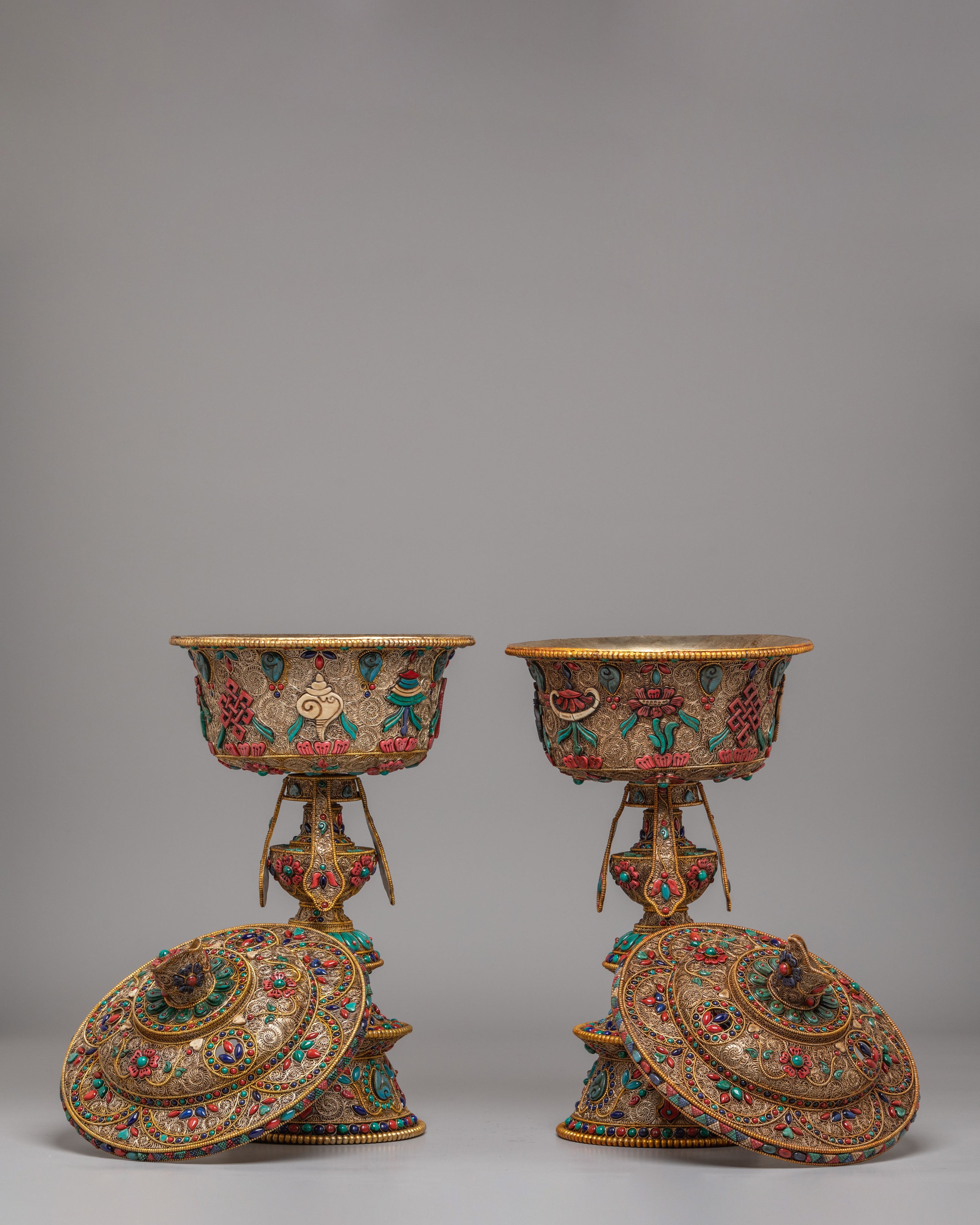 Buddhist Altar Butter Lamp Set | Gemstone Inlaid Copper Offering Lamps