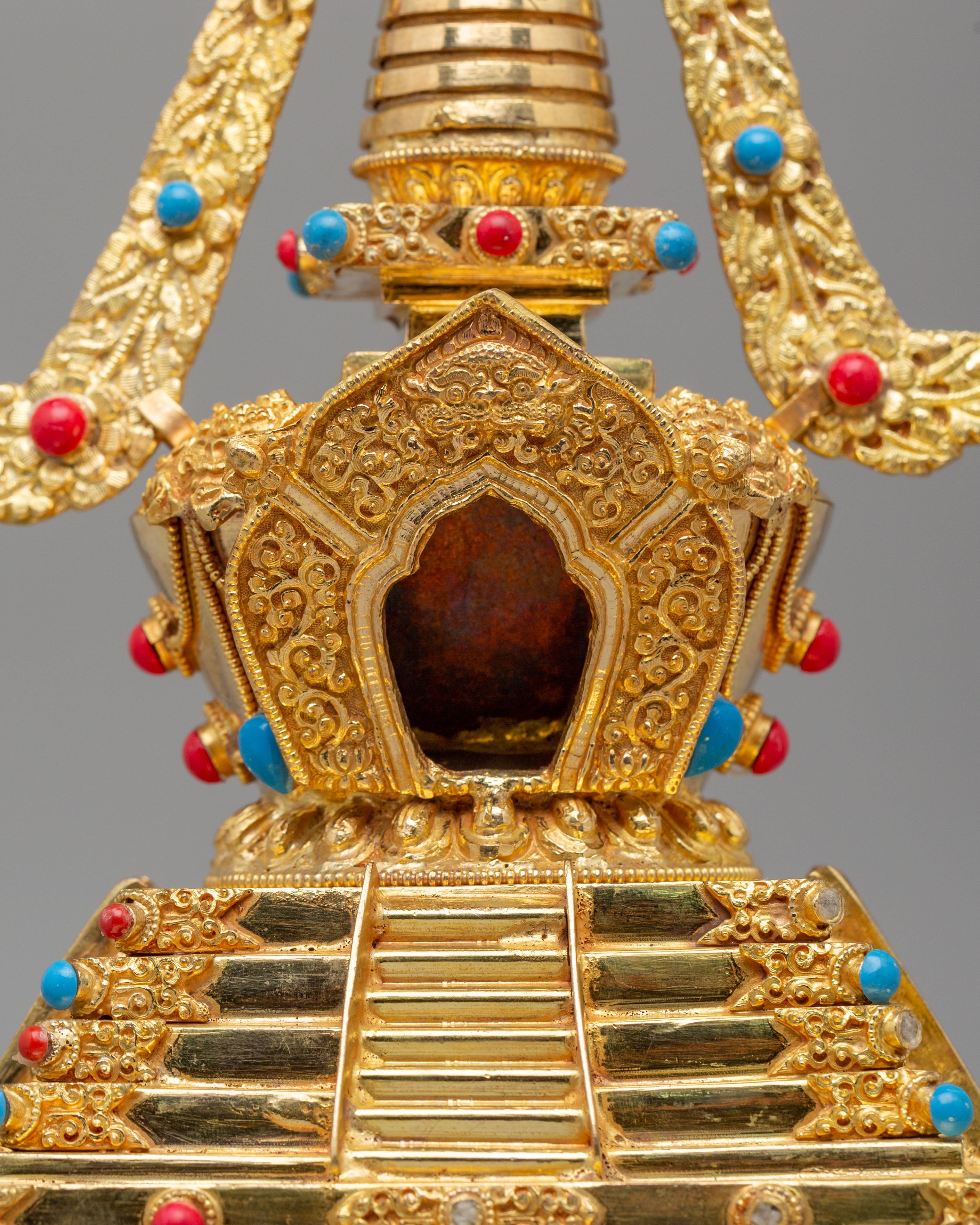 Traditional Descent From Heaven Stupa | 22K Gold Copper Tibetan Stupa