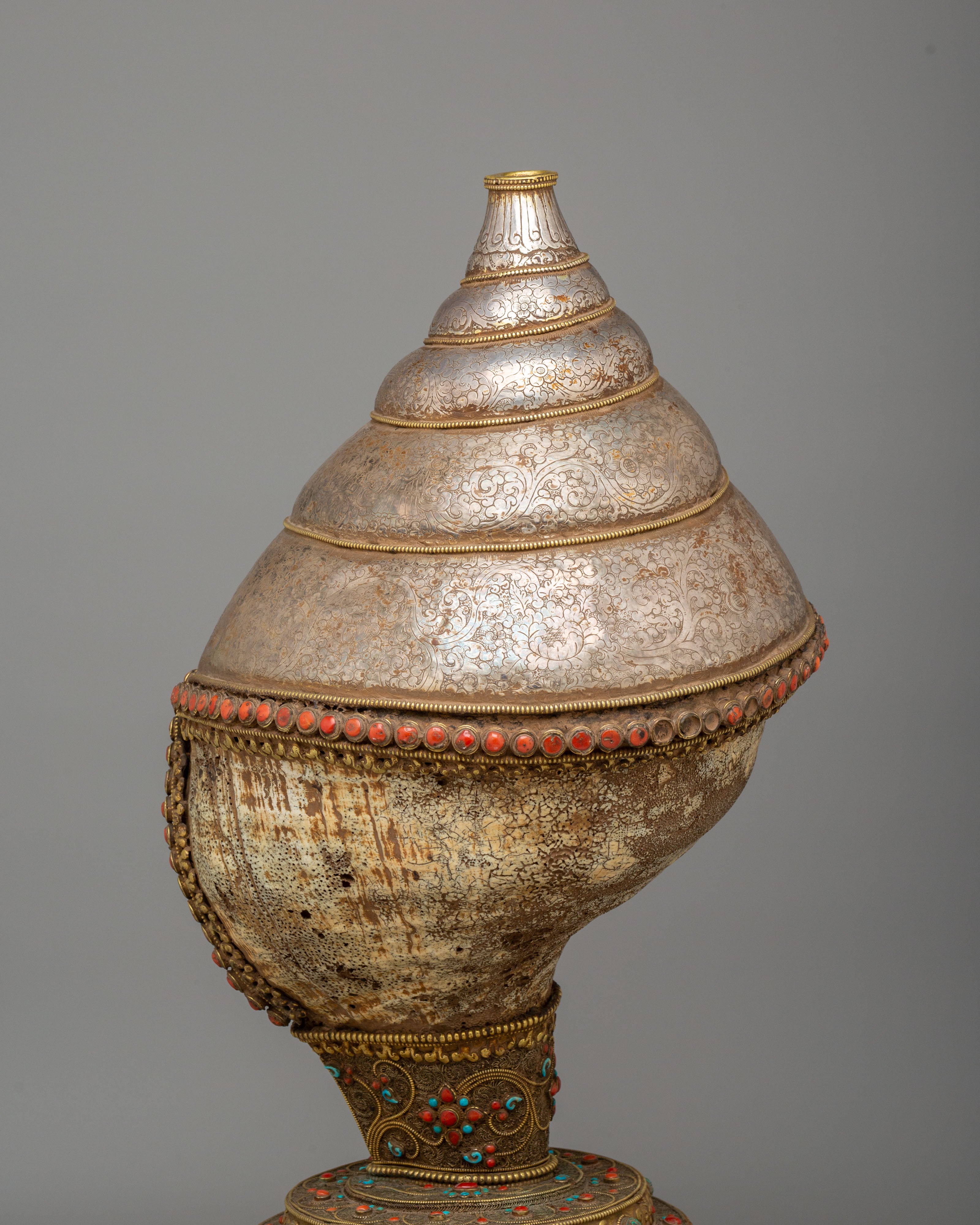 Handmade Decorative Sankha with Base | Antique Conch Shell Spiritual Decor