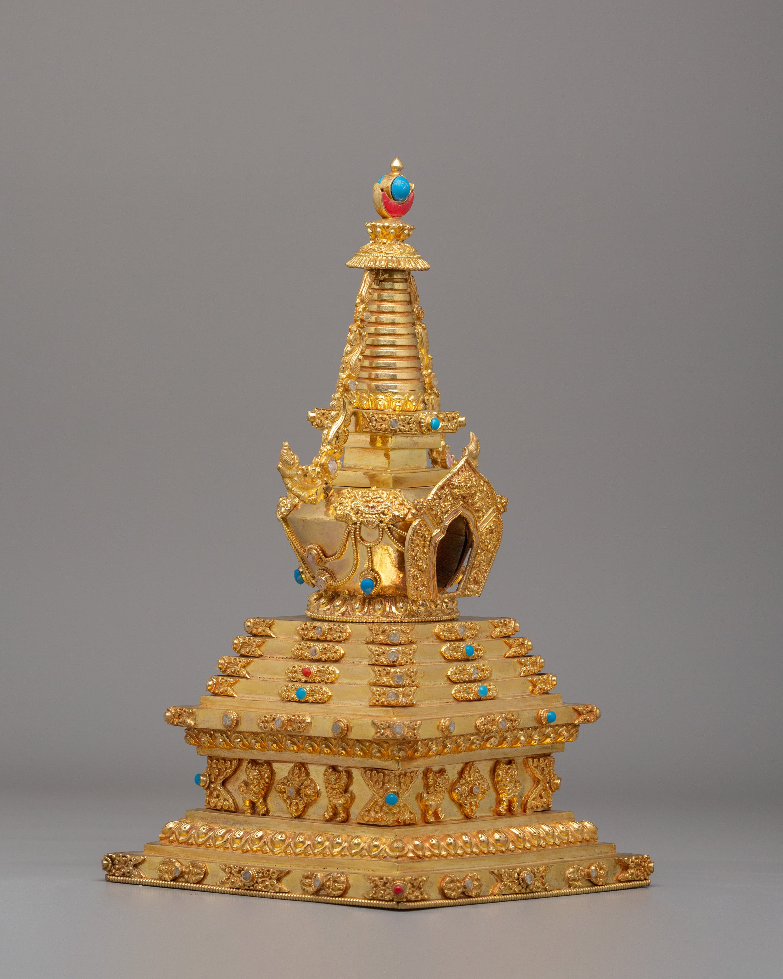 Gold Plated Altar Enlightenment Stupa | Handcrafted Tibetan Buddhist Shrine