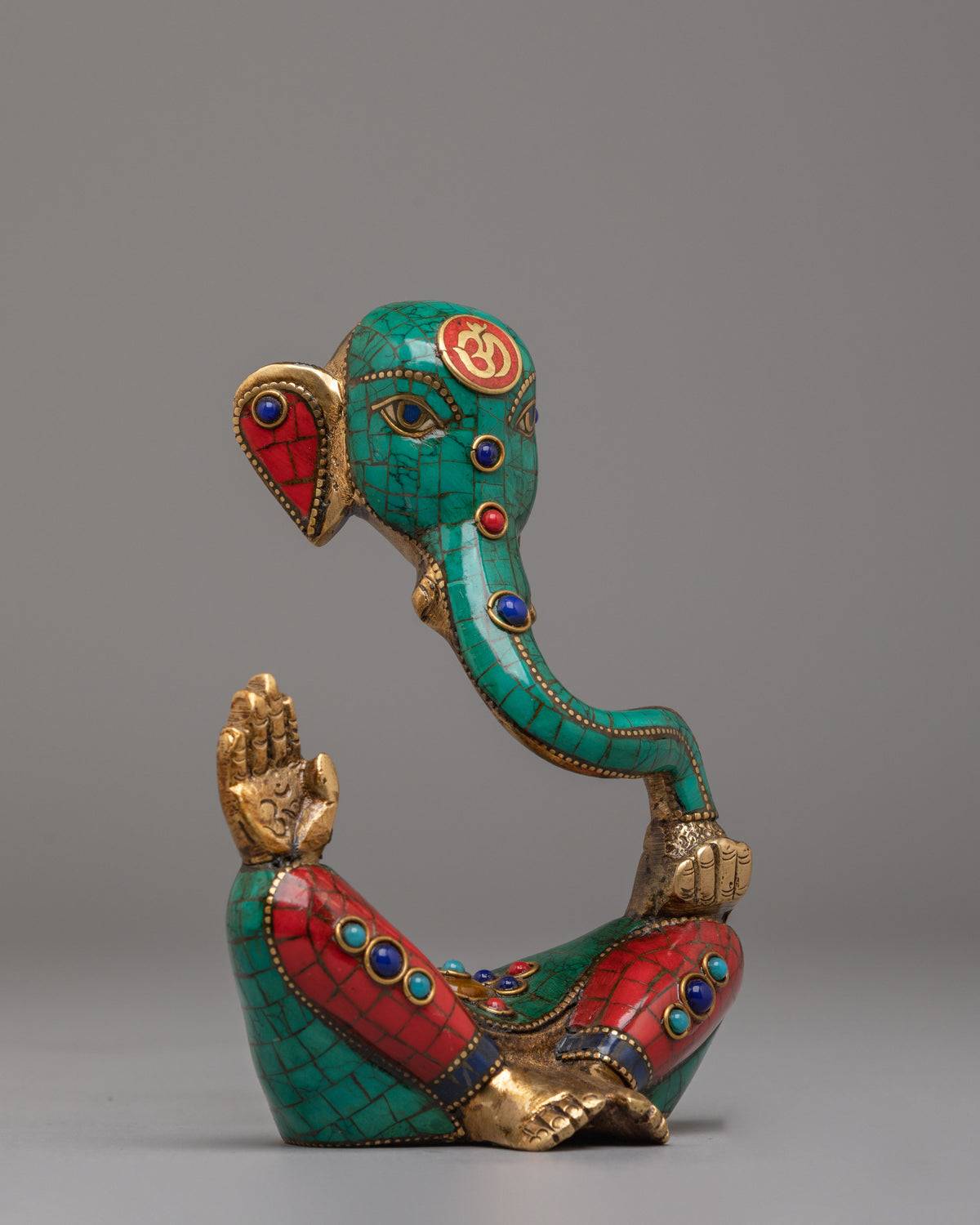 Spiritual Hindu Deity Ganesh Sculpture | Gemstone Embellished Brass Statue