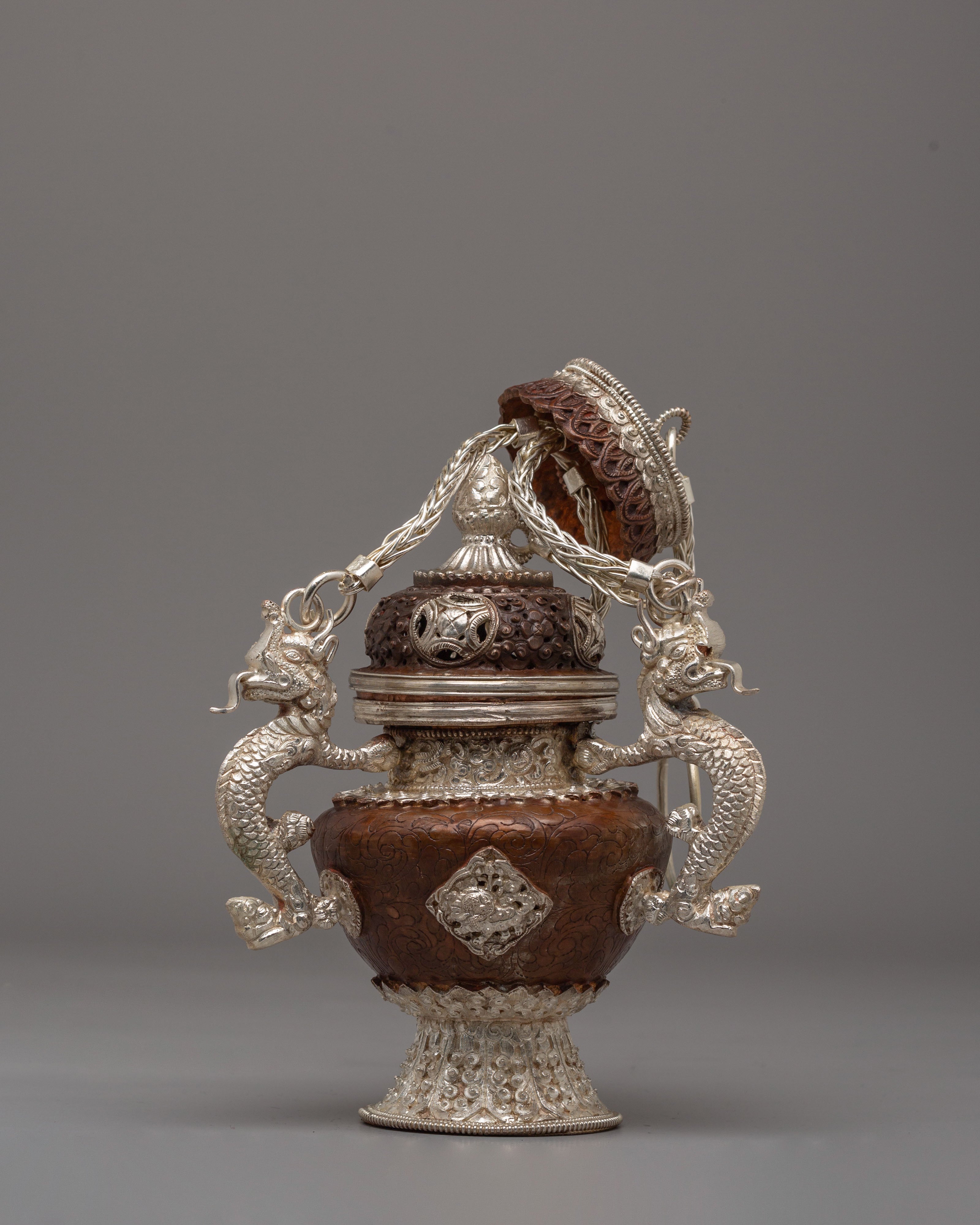 Tibetan Sacred Incense Burner | Oxidized Copper Body with Silver Plating