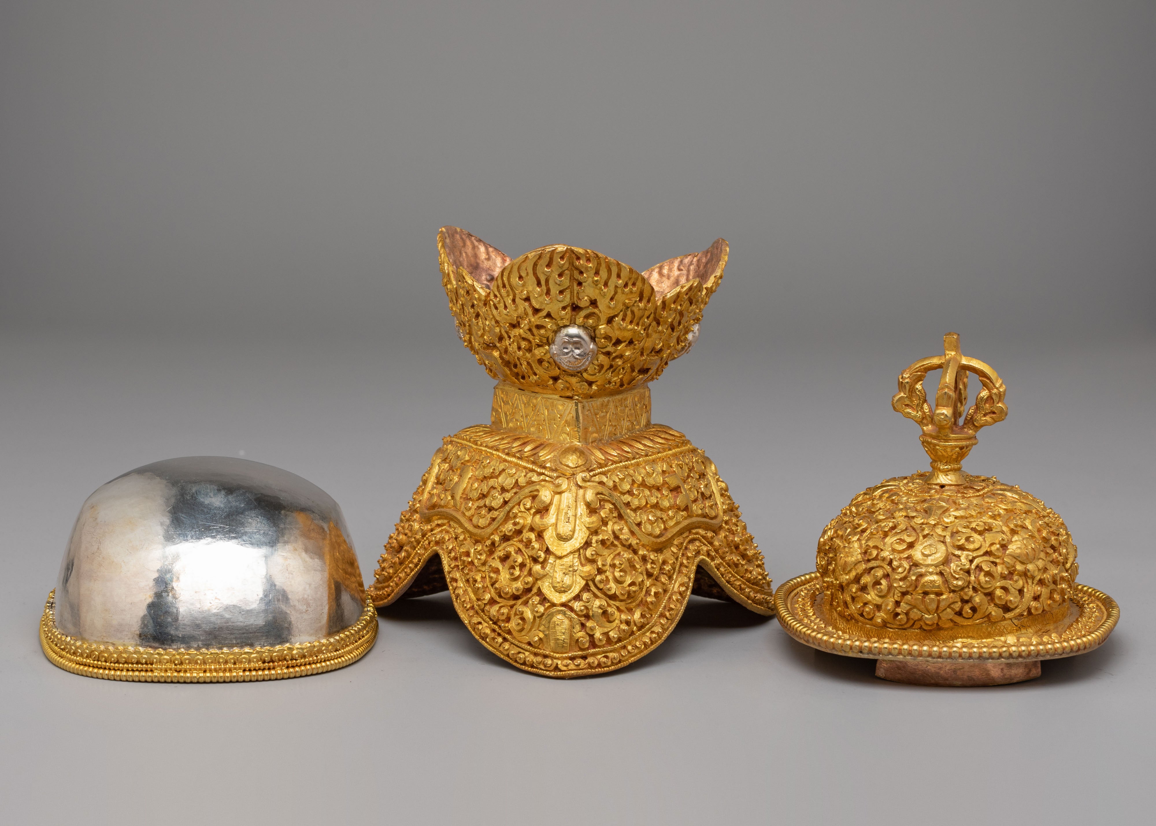 Tibetan Ritual Skull Cups for Altar | Gold and Silver Plated Kapala Set