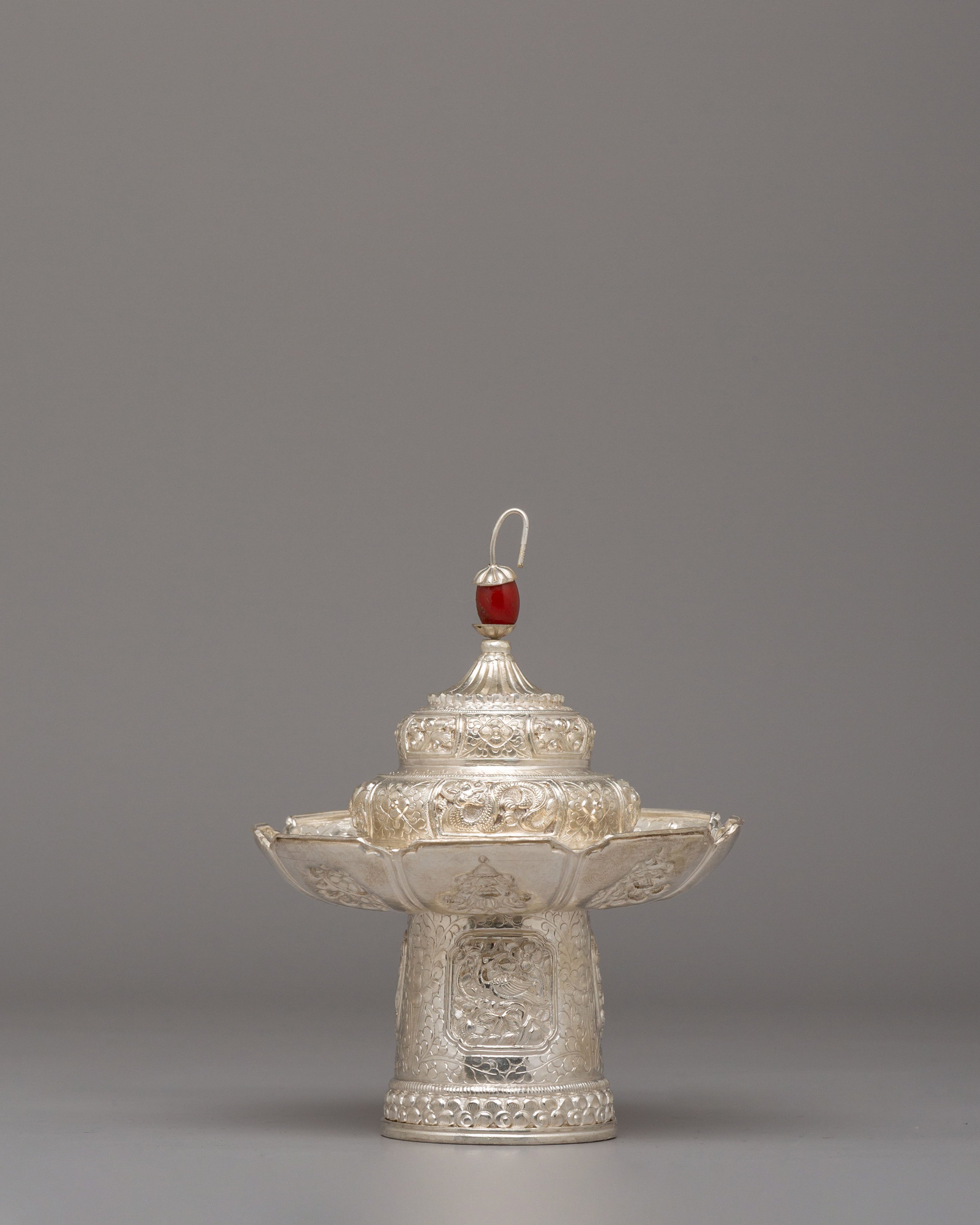 Traditional Tea Cup Cover Set | White Metal Tibetan Ritual Decor