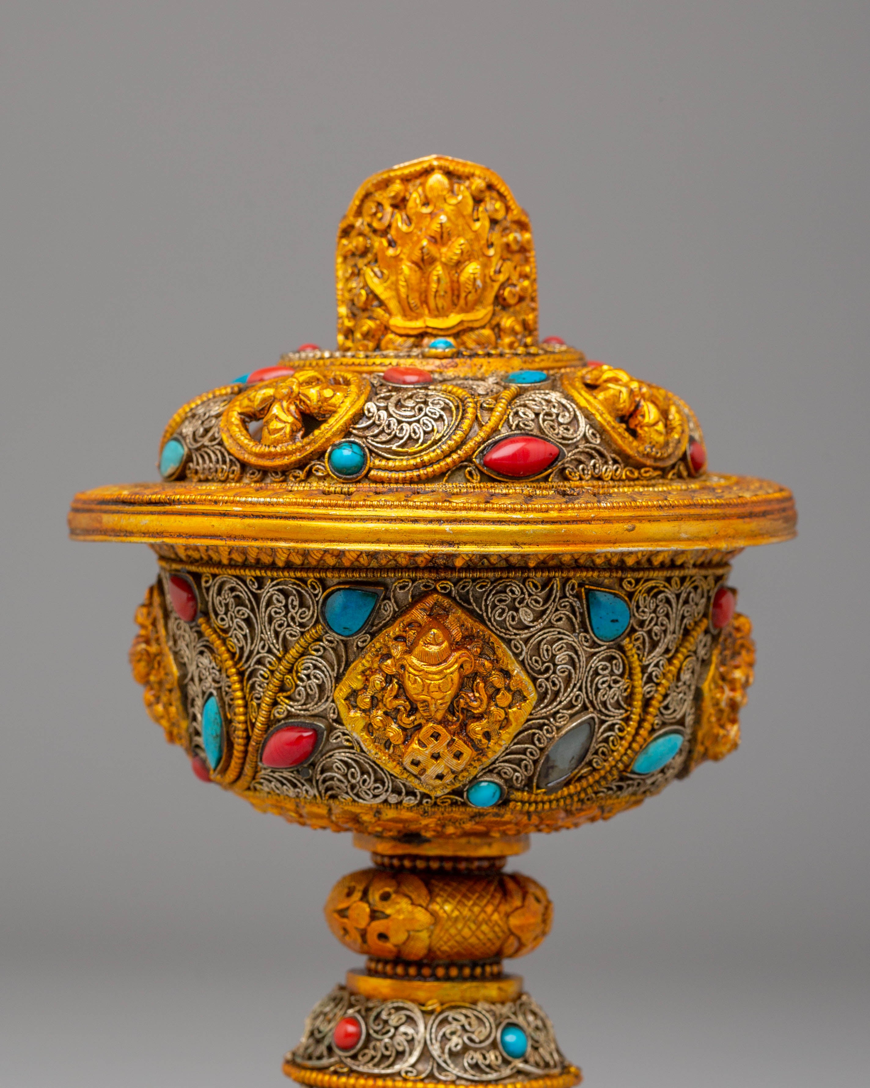 Electro Gold Plated Butter Lamp Set for Ritual Use | Tibetan Altar Decor