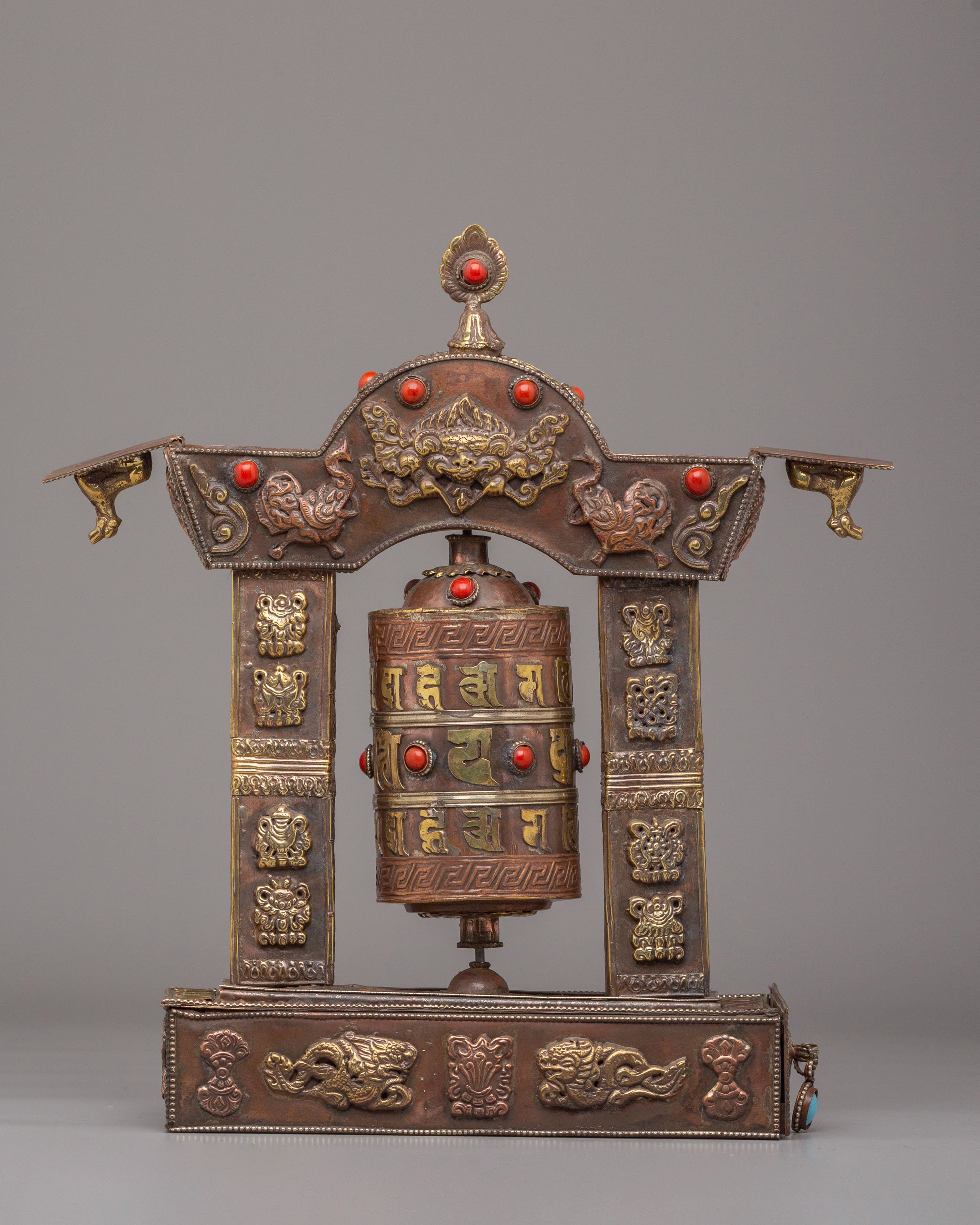 Traditional Mantra Prayer Wheel | Tibetan Copper Body with Gemstones