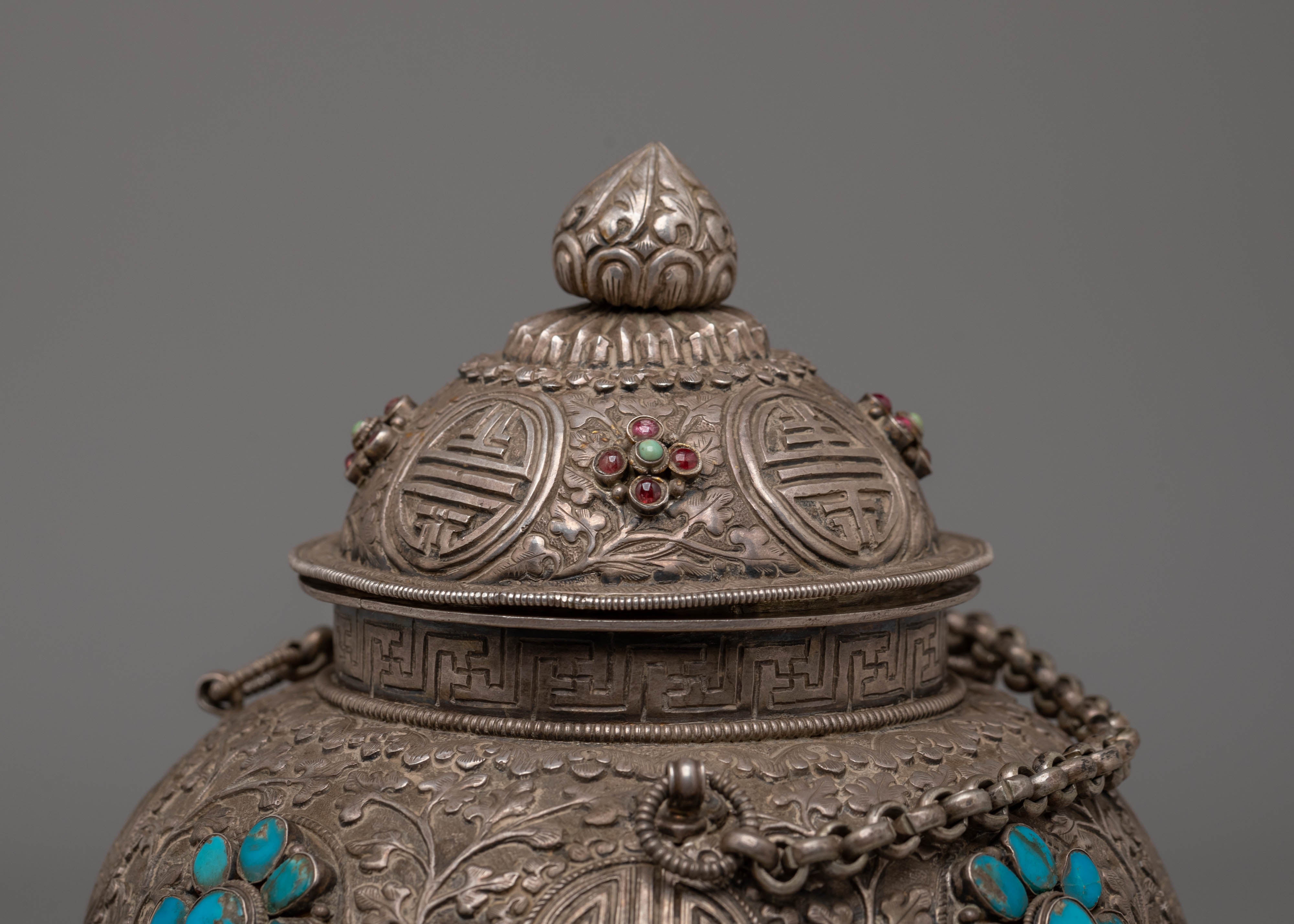 Decorative Tibetan Incense Burner | Silver and Jade Inense Burner