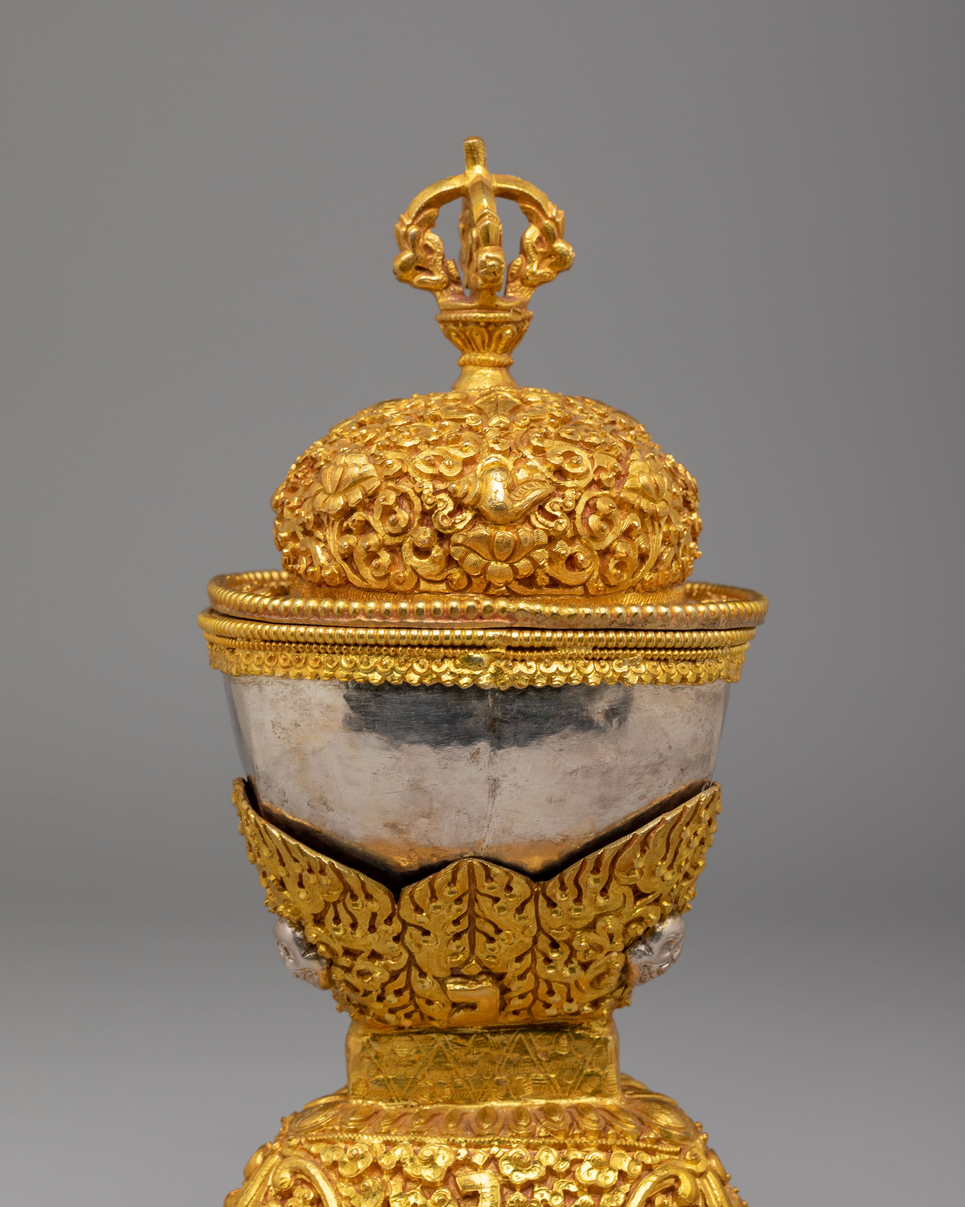 Tibetan Ritual Skull Cups for Altar | Gold and Silver Plated Kapala Set