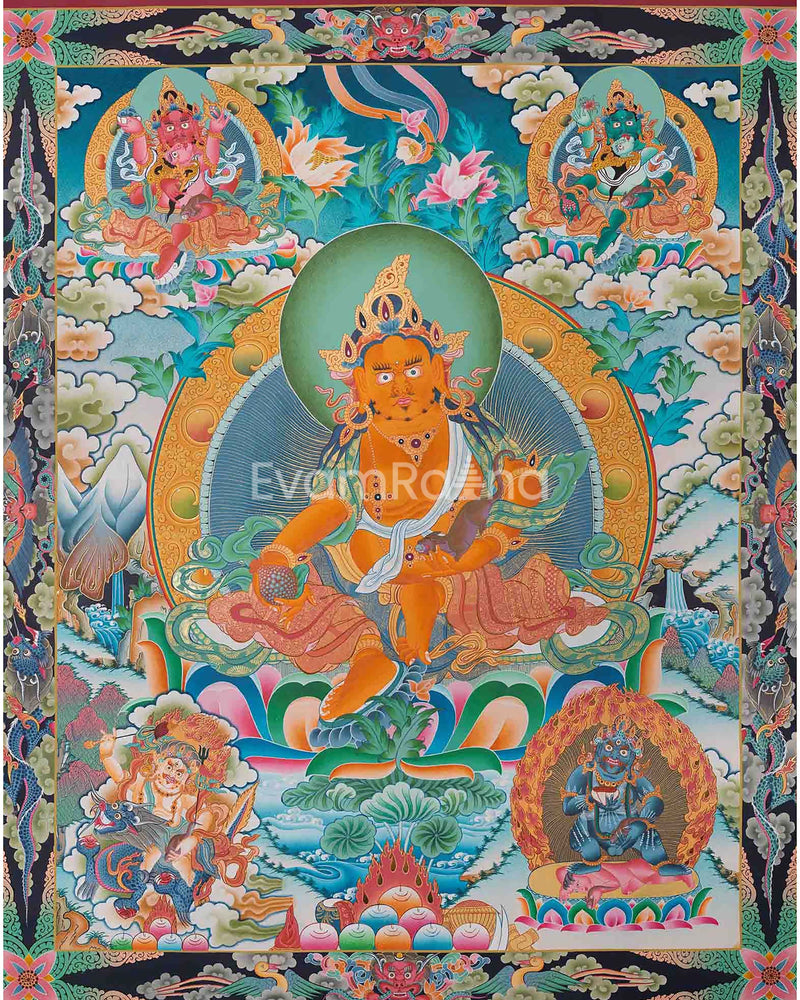 High-Quality Big Five Dzambala Thangka Painting | Tibetan Kubera Thangka | God of Wealth |