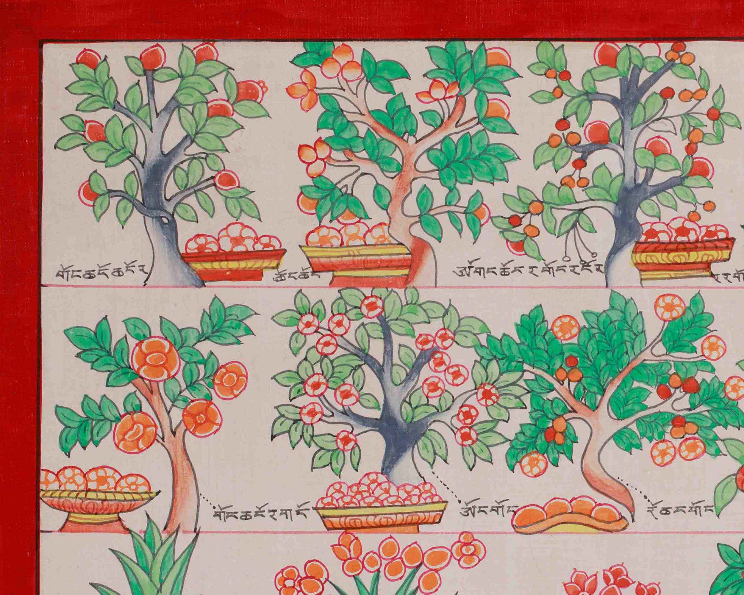 Medicine Buddha Healing Plants Thangka | Botanical Thangka