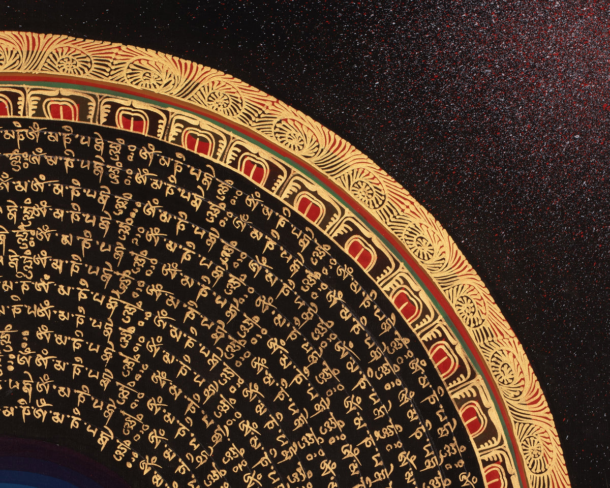 Om Mantra Mandala Thangka | Sacred Tibetan Buddhist Gold-on-Black Painting