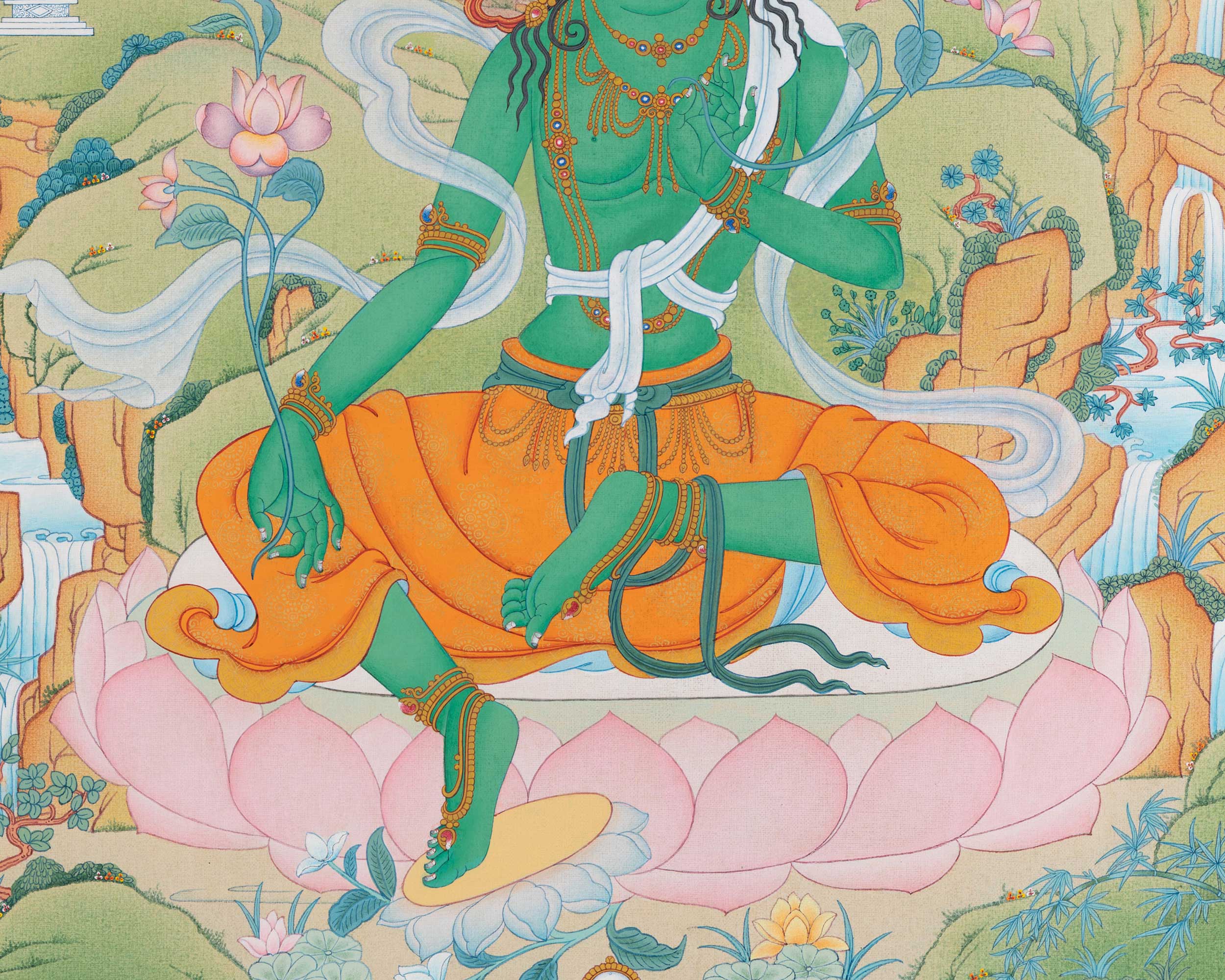 Buddhist Arya Tara Thangka Print | Green Tara Artwork | Goddess of Compassion