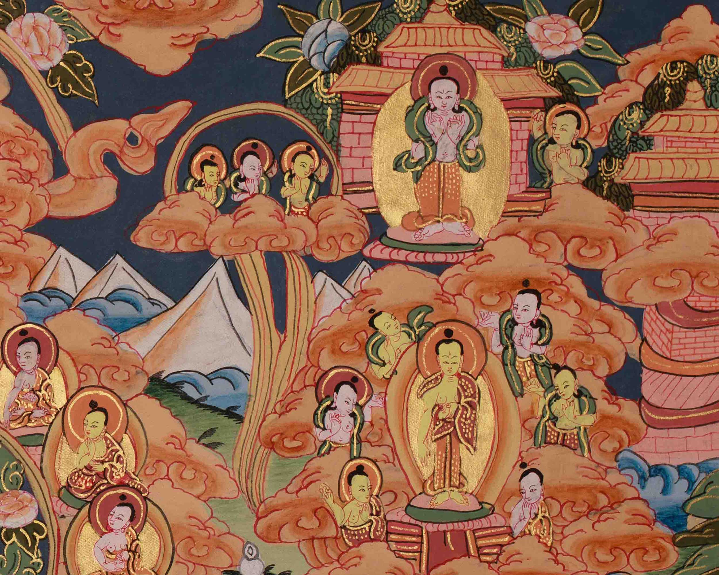Traditional Buddha Life Story Thangka | Sacred Journey from Birth to Enlightenment