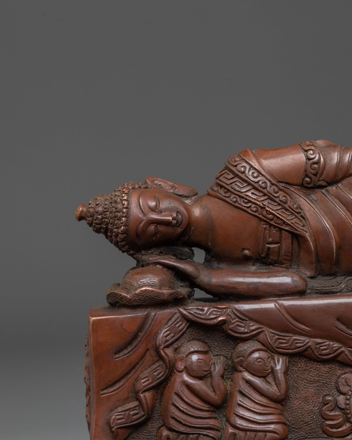 Sleeping Buddha Oxidized Copper Statue | Reclining Buddha Art