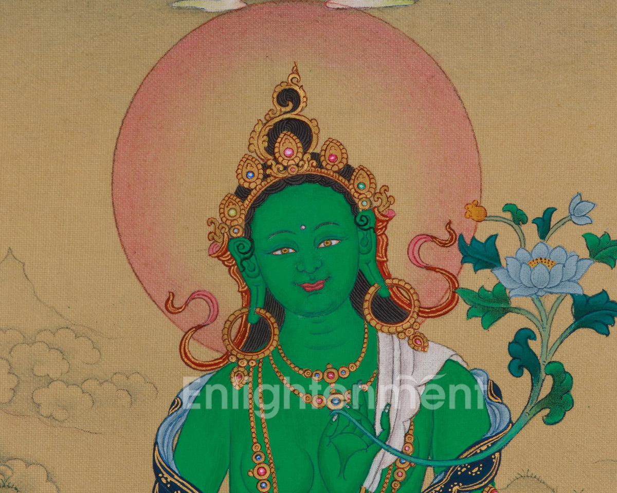 Divine Green Tara With Amitabha Buddha Thangka | Compassion, and Pure Land Blessings
