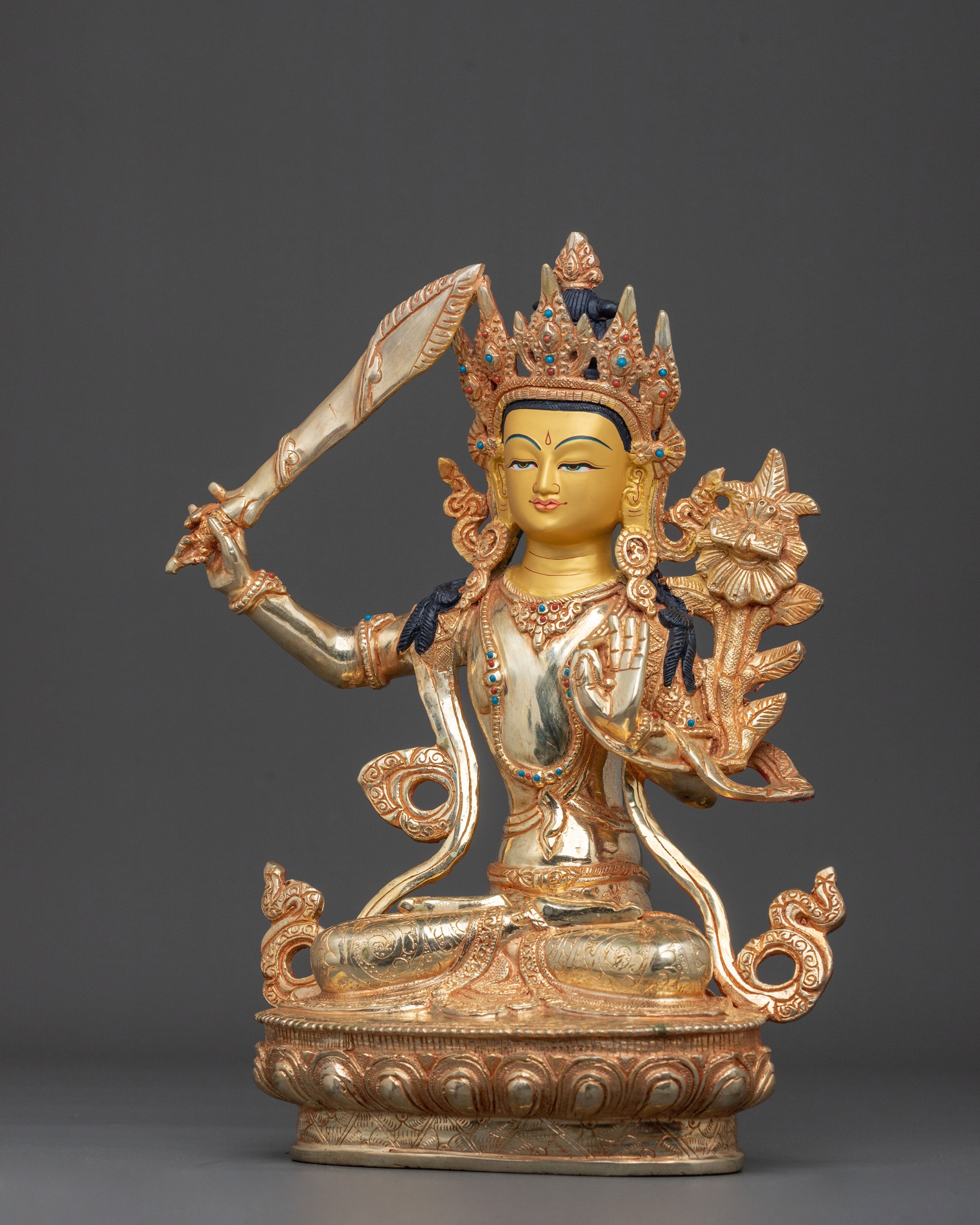 Manjushri Sacred Figurine | Copper Wisdom Deity Sculpture with Gold Plating