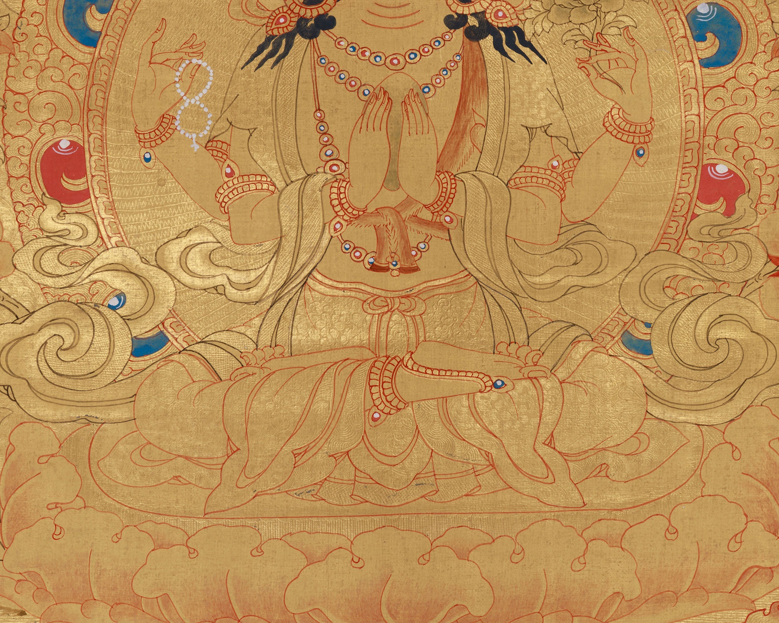 Traditional Thangka Of Four-Armed Chenrezig | With Buddha and Other Bodhisattvas