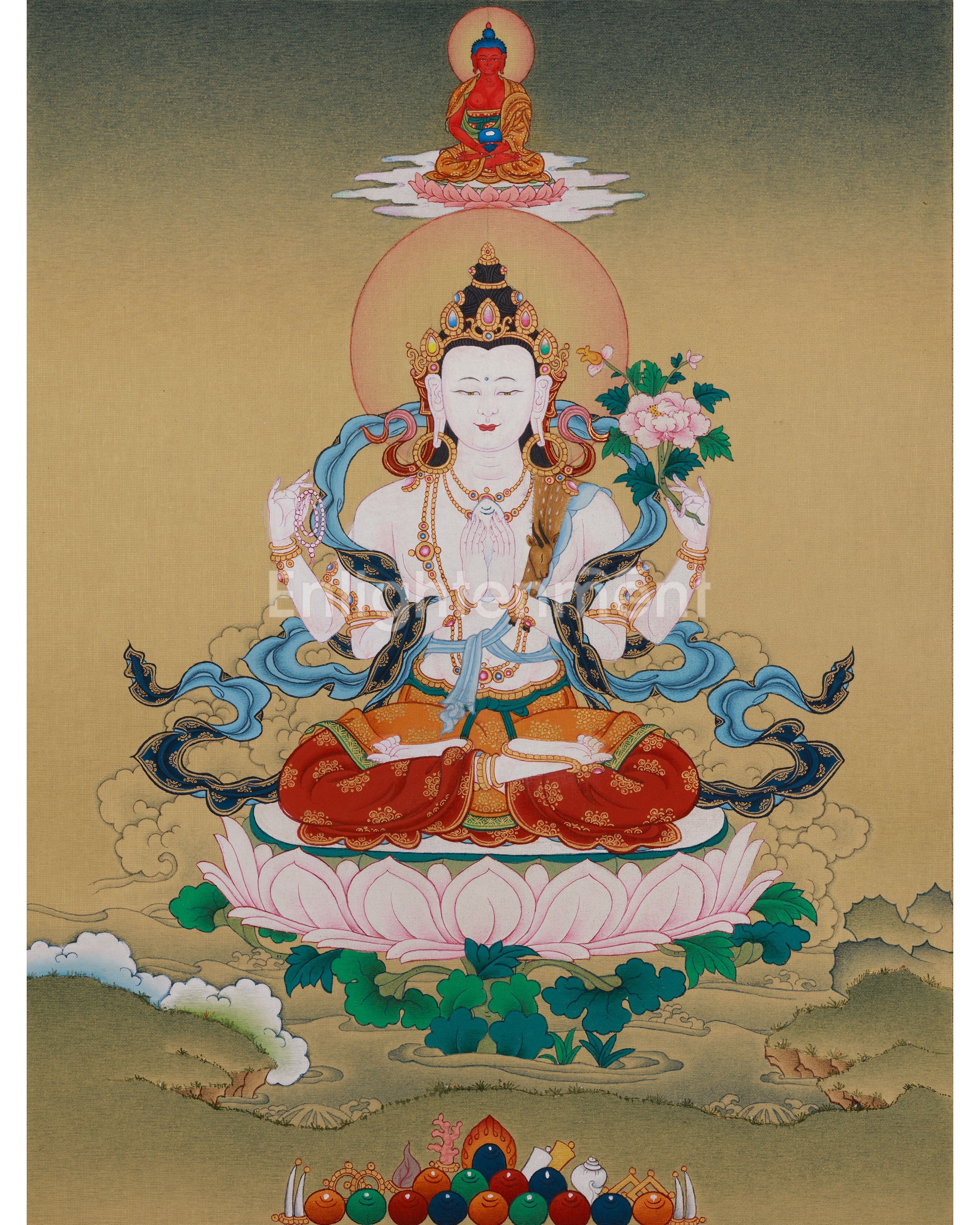 Tibetan Chenrezig with Amitabha Buddha Art 