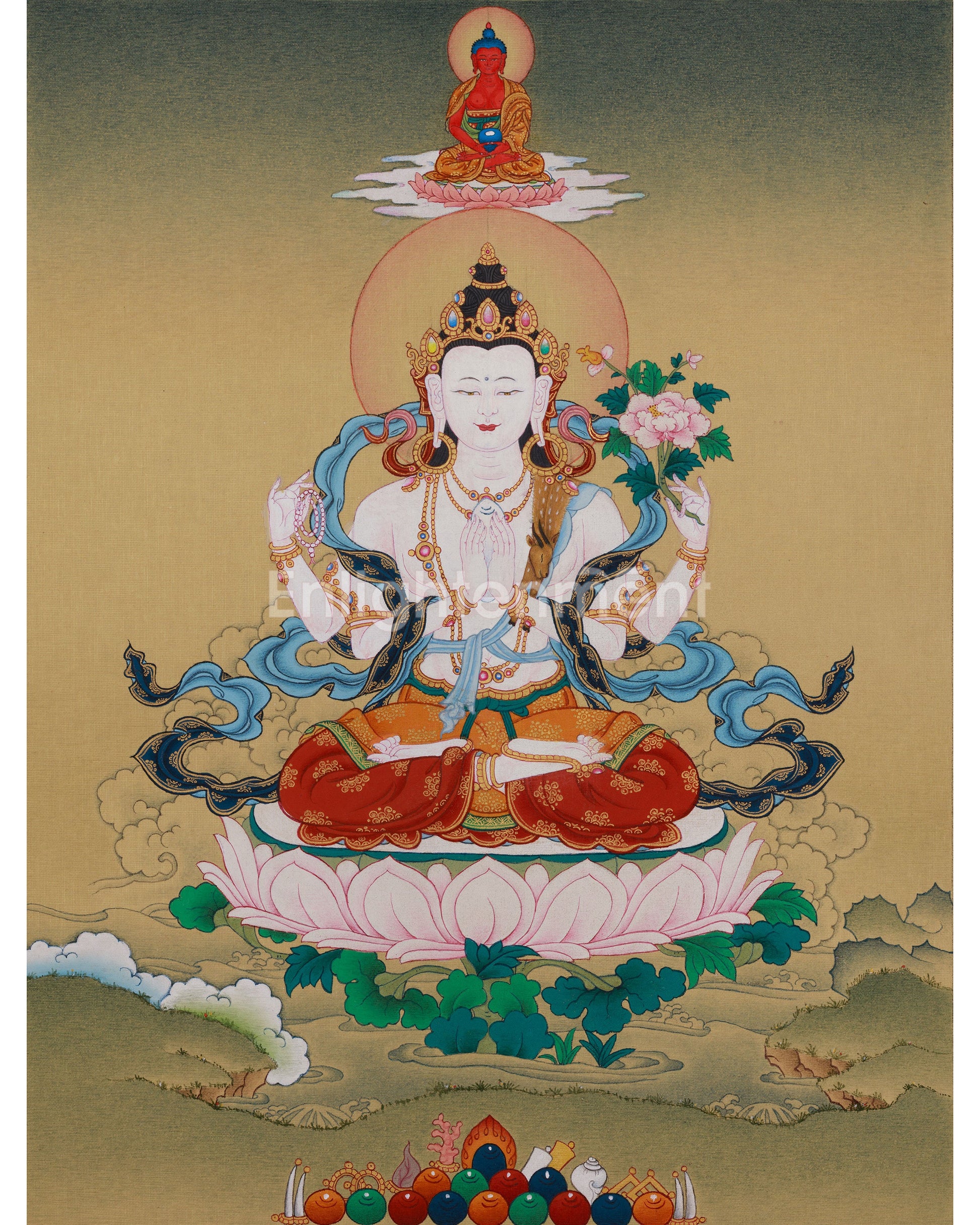Tibetan Chenrezig with Amitabha Buddha Art 