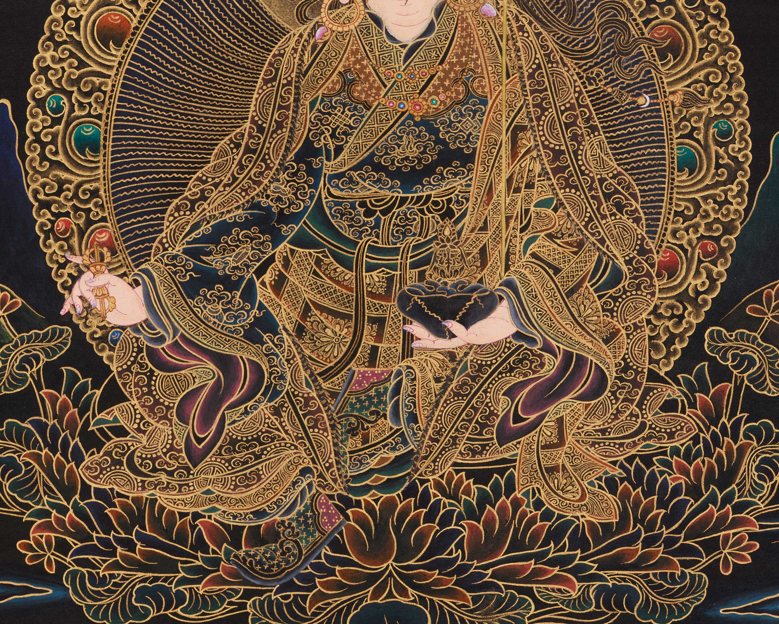 Black and Gold Thangka of Guru Rinpoche | Tantric Master of Vajrayana Buddh
