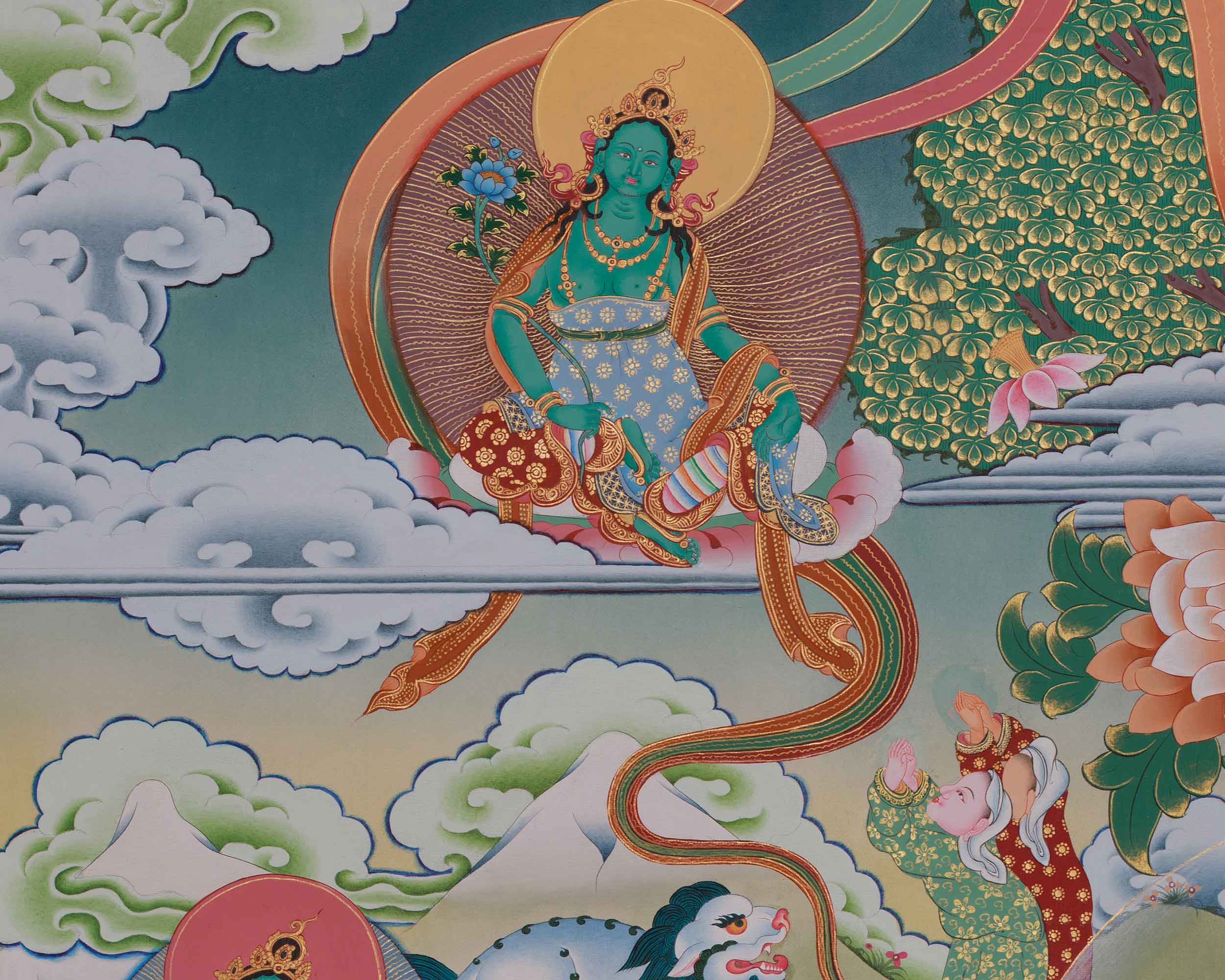 Shyama Tara Buddhist Thangka | Compassionate Goddess Green Tara