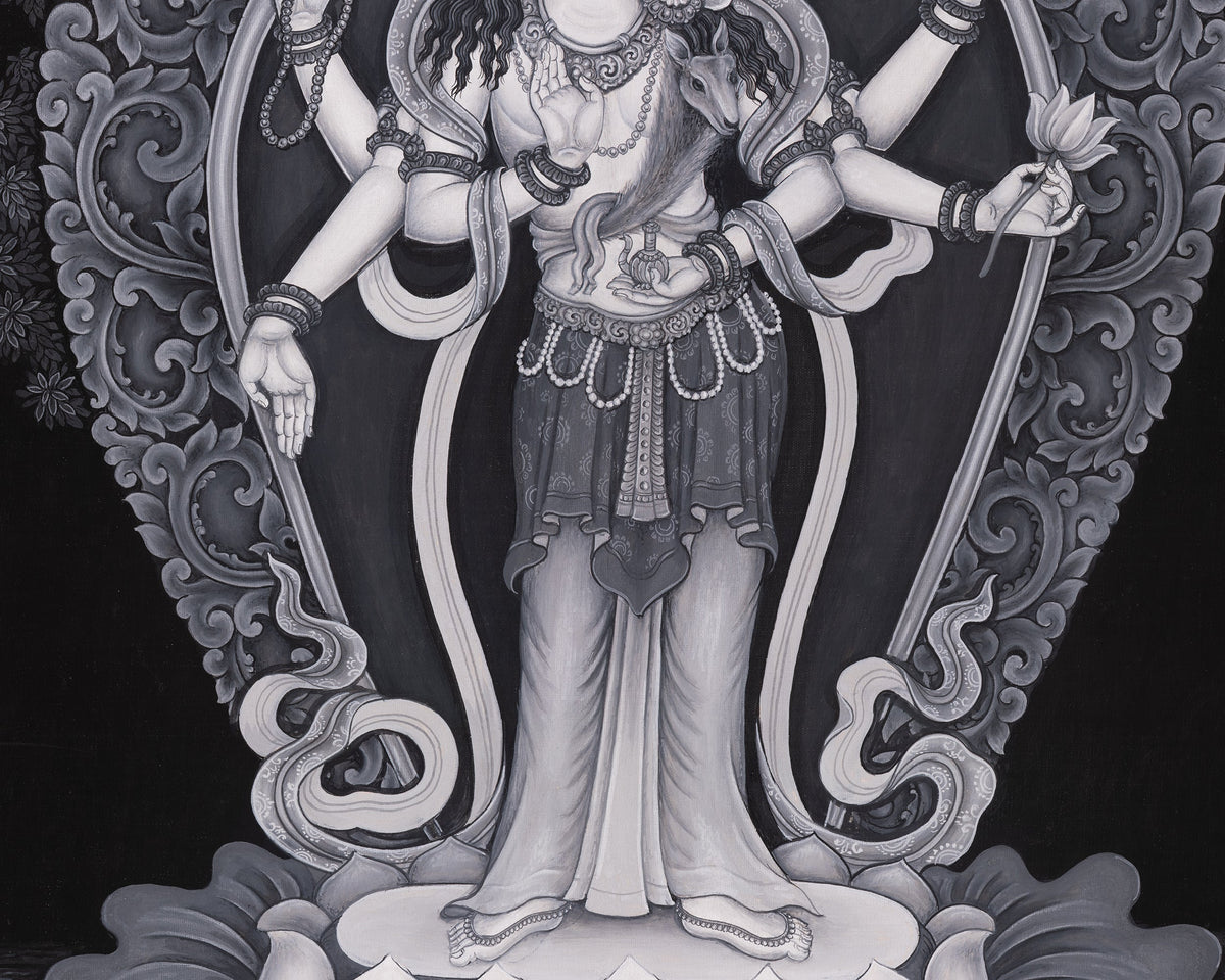 Black and White Bodhisattva Chenrezig Thangka | Avalokiteshvara Art | Compassion Deity